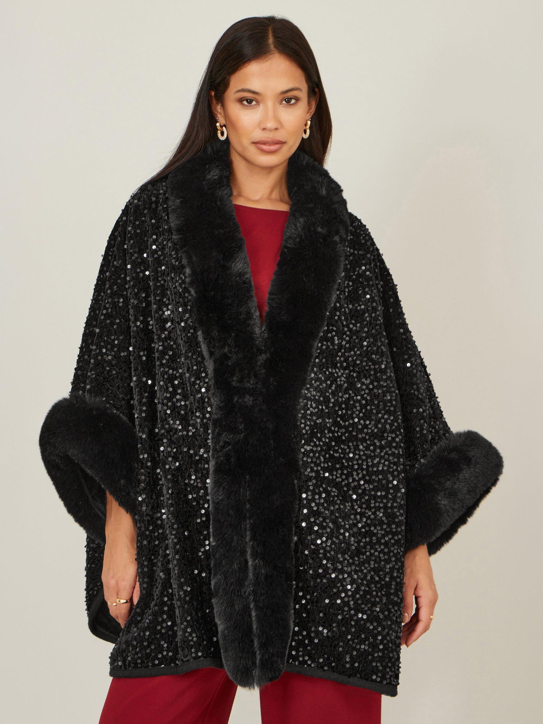 Product image 3 of 4, which shows Yumi Faux Fur Sequin Cape, Black, S-M