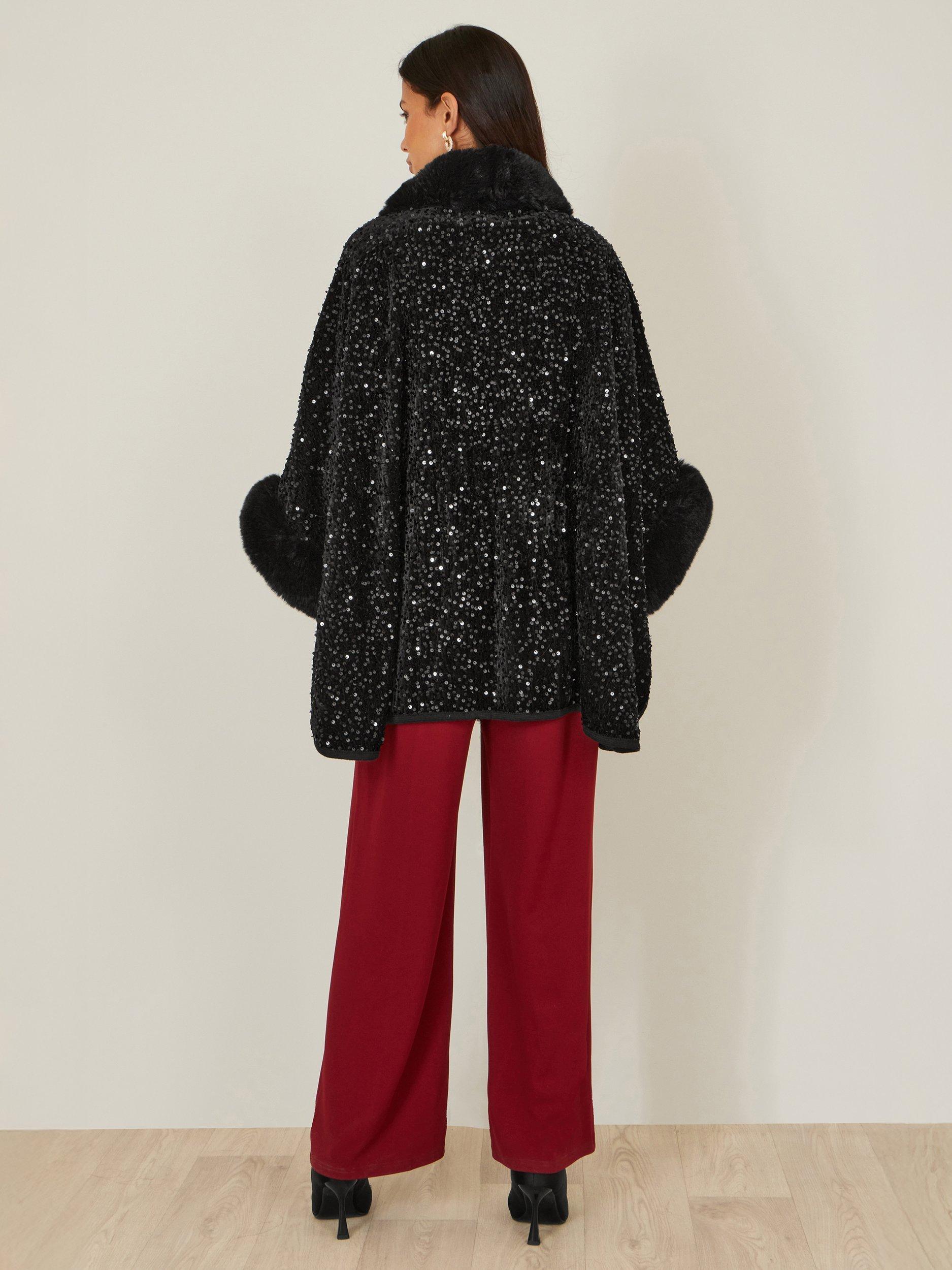Product image 4 of 4, which shows Yumi Faux Fur Sequin Cape, Black, S-M