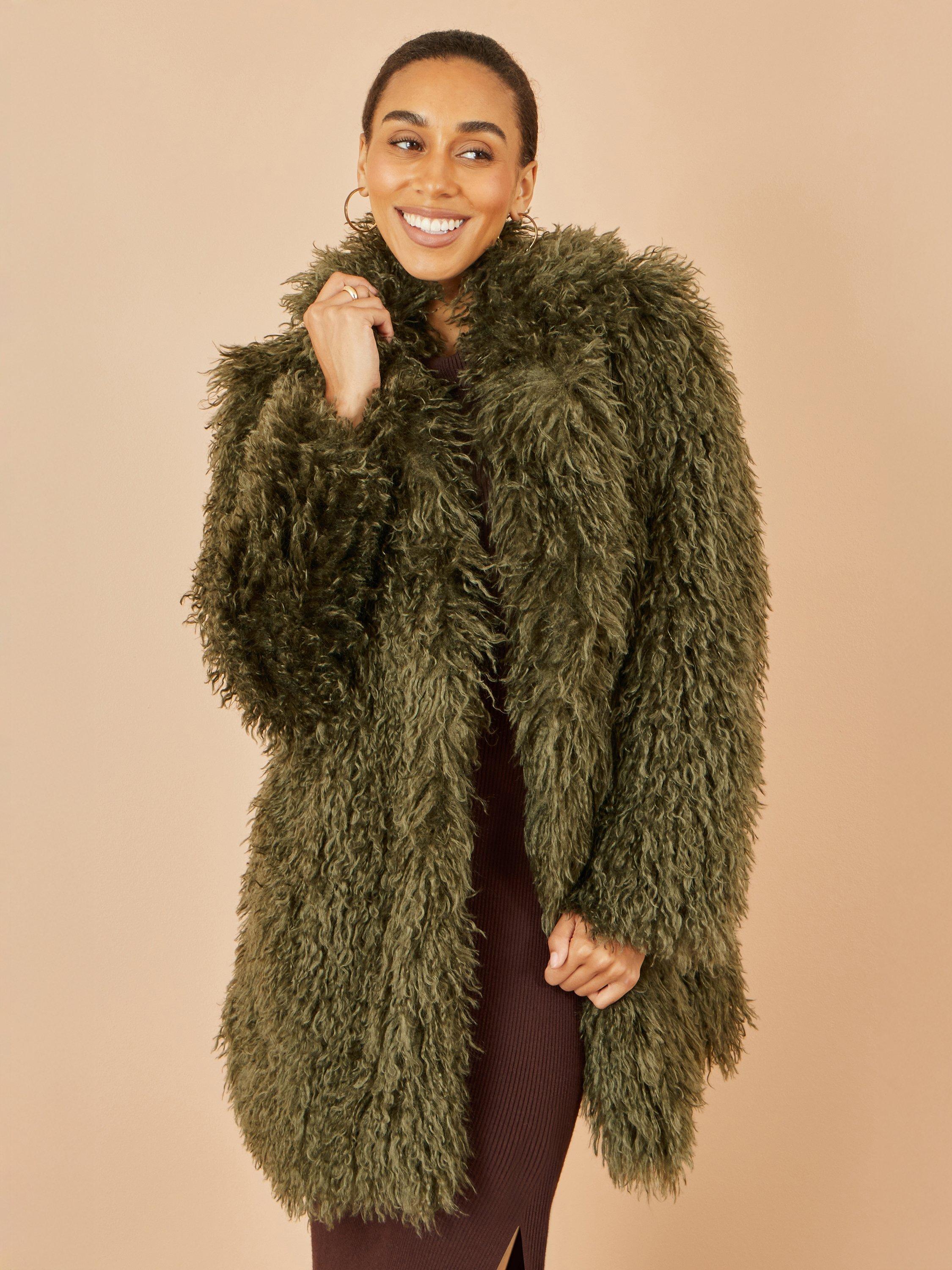 Product image 1 of 6, which shows Yumi Long Faux Fur Coat, Green, 8