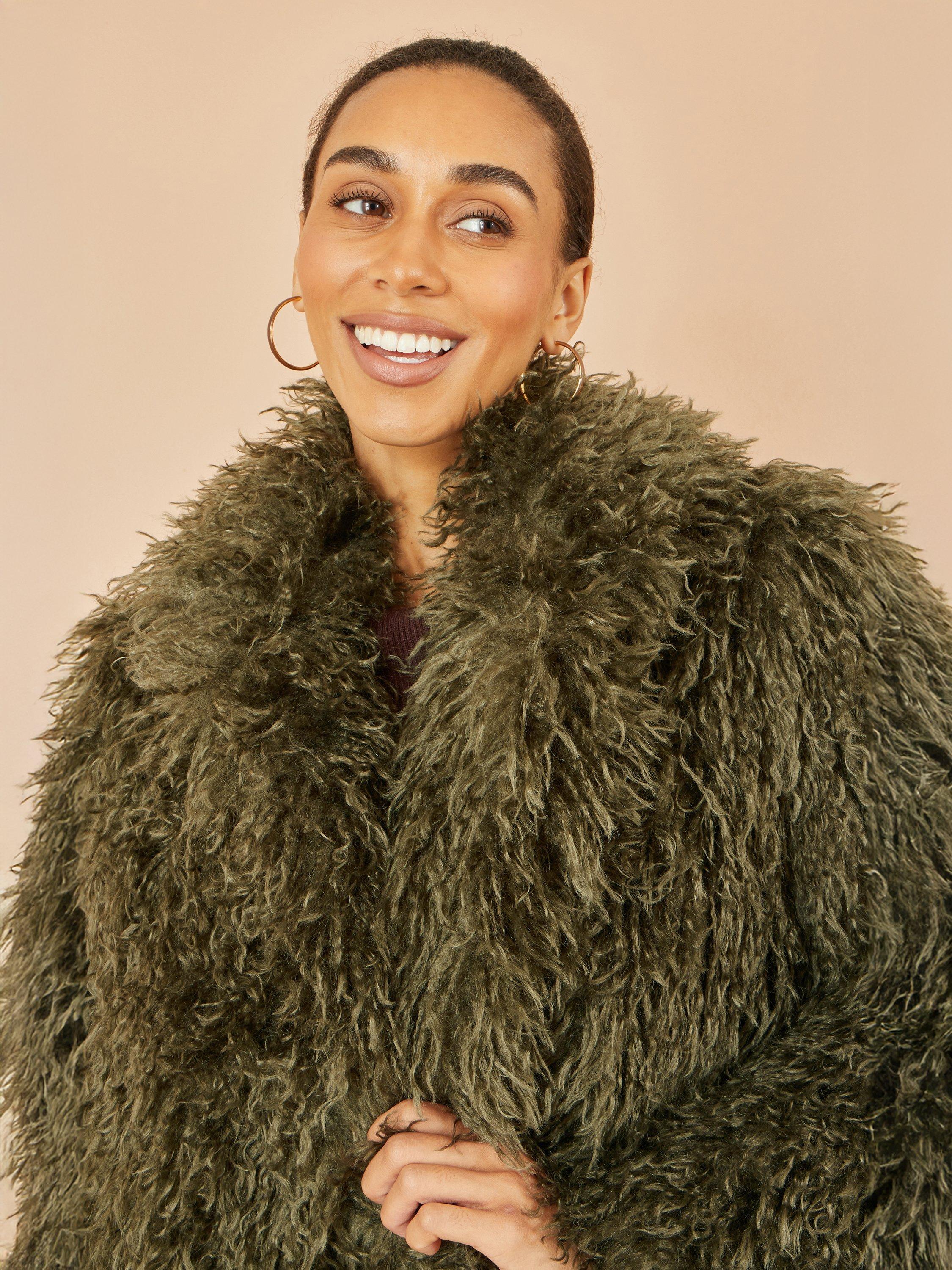 Product image 3 of 6, which shows Yumi Long Faux Fur Coat, Green, 8