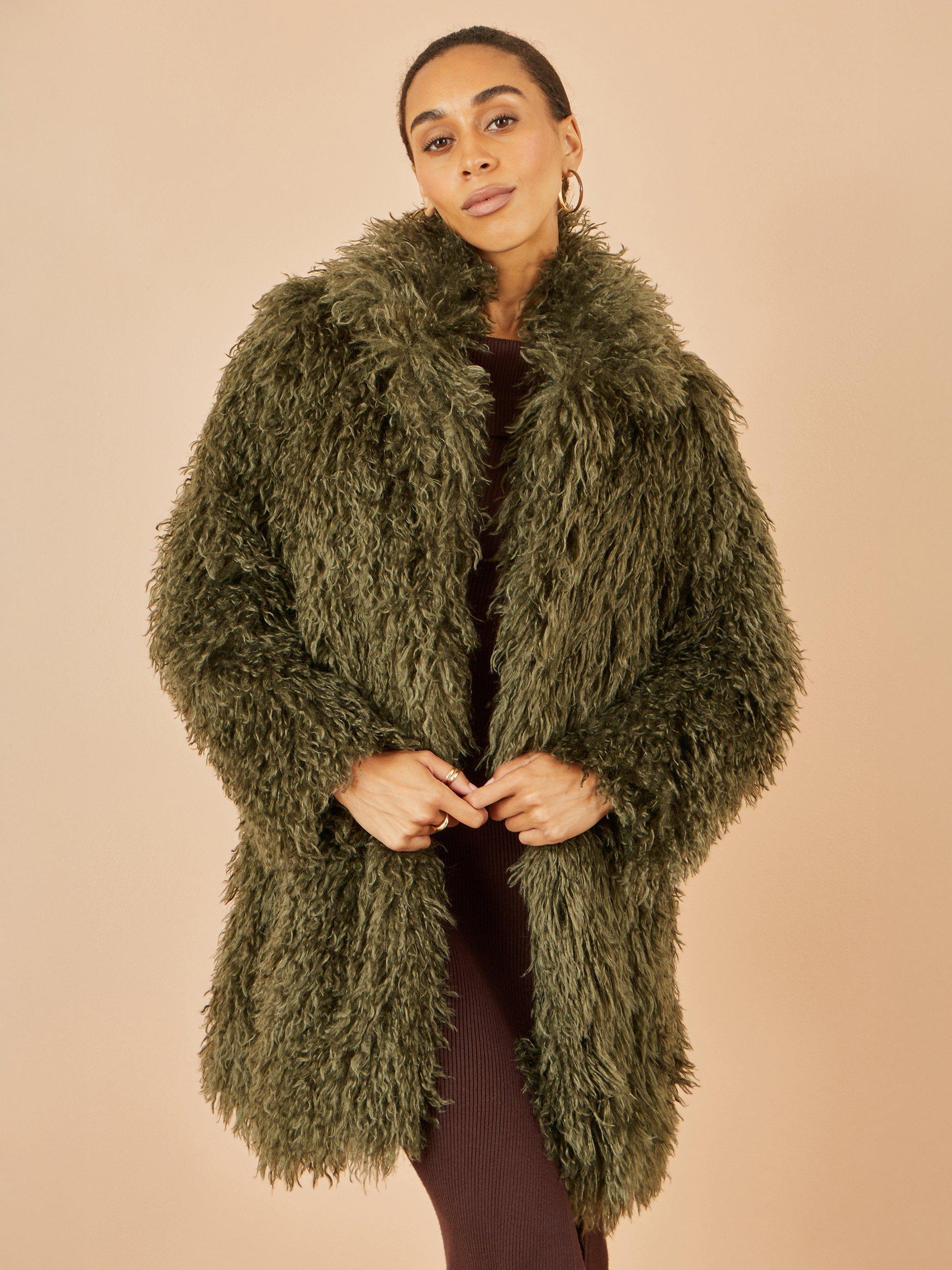 Product image 4 of 6, which shows Yumi Long Faux Fur Coat, Green, 8