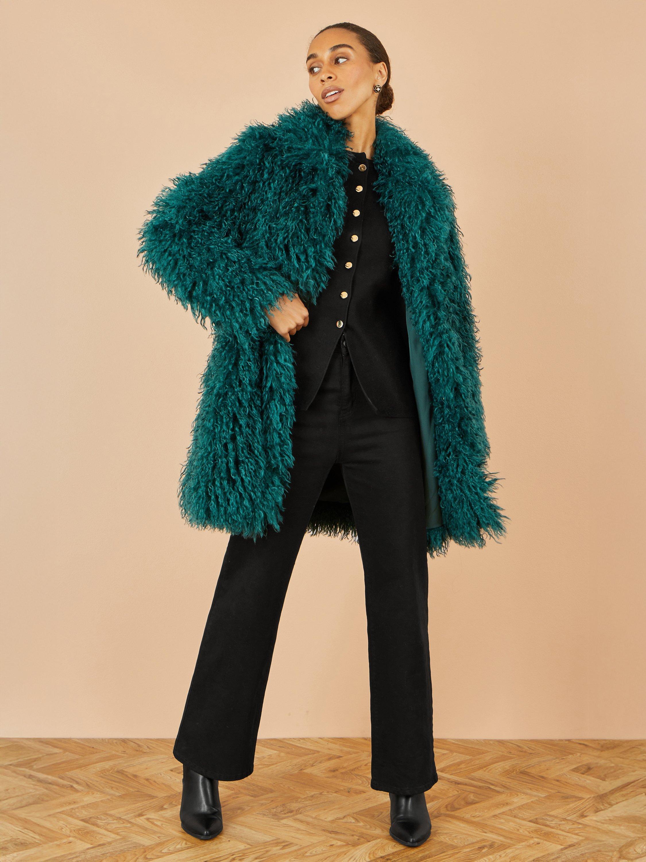 Product image 2 of 6, which shows Yumi Long Faux Fur Coat, Teal, 8