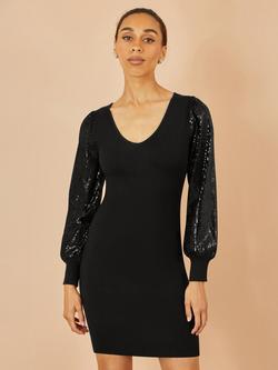 Yumi Sequin Long Balloon Sleeves Scoop Neck Mini Dress, Black