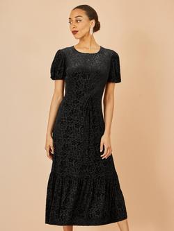 Yumi Floral Twist Waist Puff Sleeve Midi Dress, Black, Black