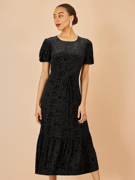Yumi Floral Twist Waist Puff Sleeve Midi Dress, Black, Black