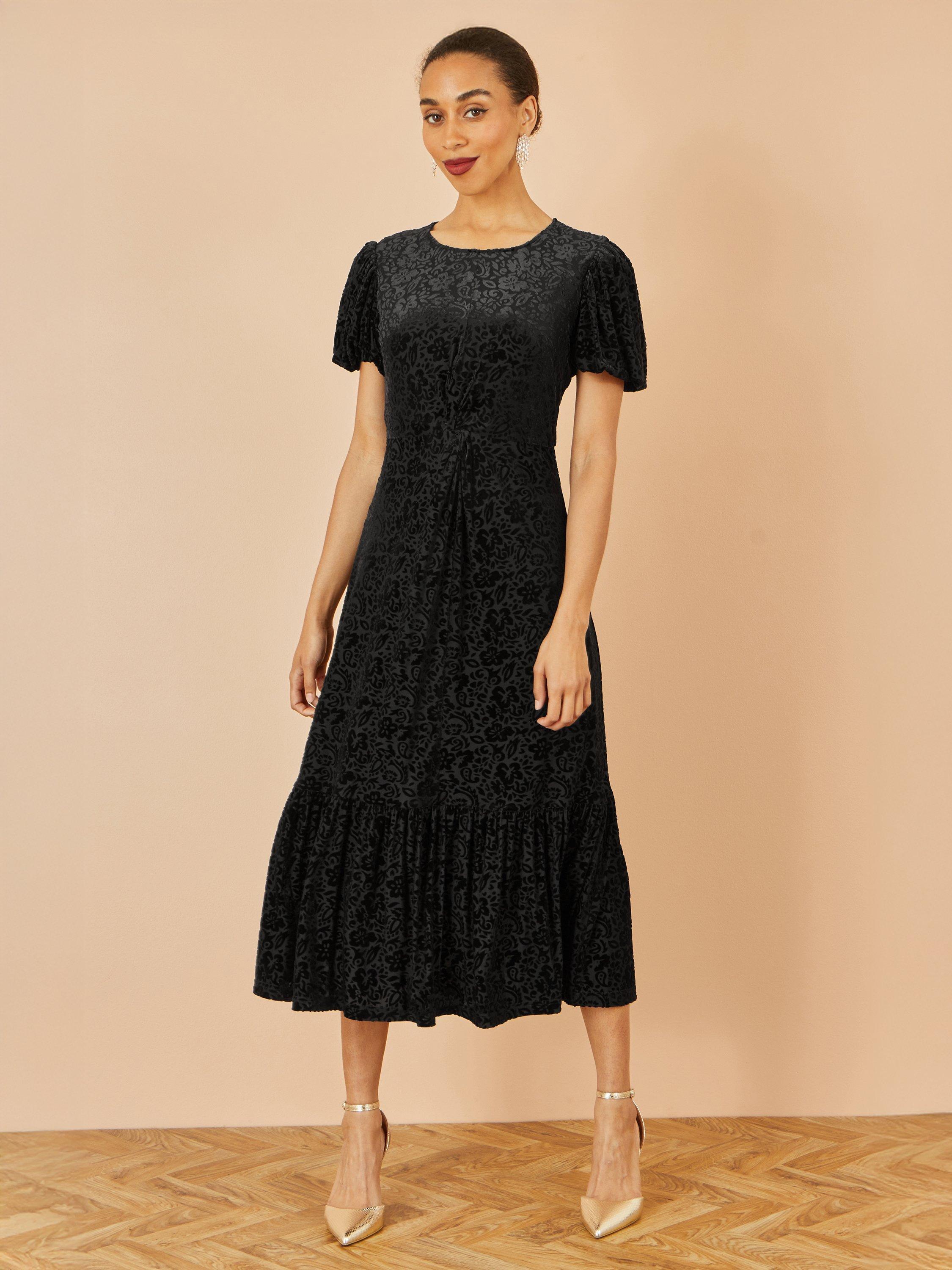 Yumi Floral Twist Waist Puff Sleeve Midi Dress, Black