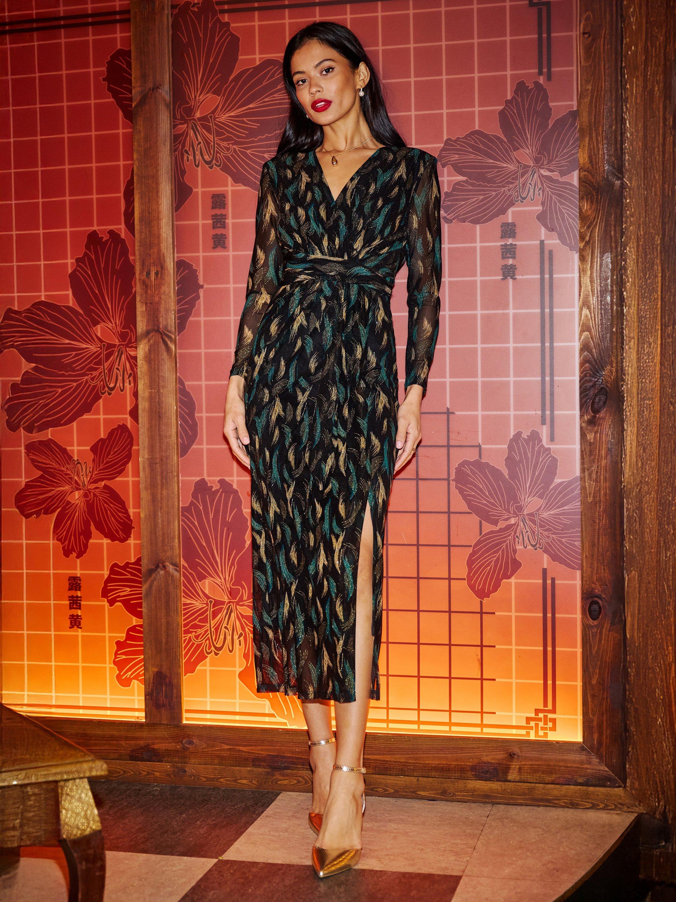 Product image 1 of 5, which shows Yumi Sparkle Mesh Midi Dress, Black, 8