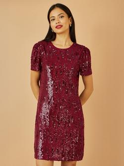 Yumi Sequin Short Sleeve Tunic Dress, Burgundy, Burgundy
