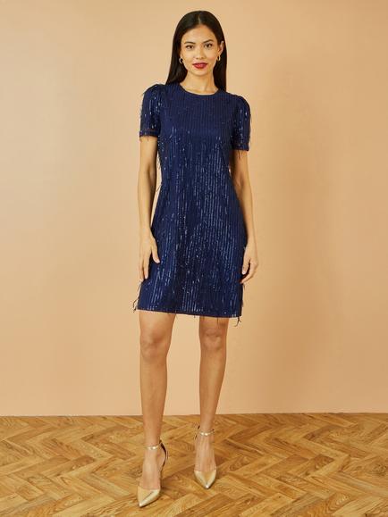 Yumi Short Sleeve Dripping Sequin Dress, Navy - view 2, Navy