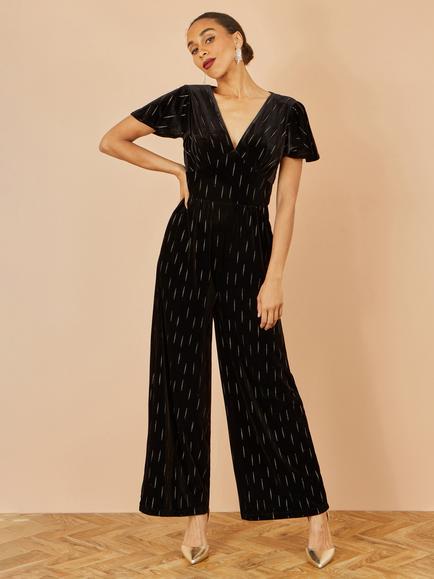 Yumi Velvet Short Sleeve V Neck Jumpsuit, Black