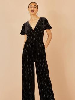 Yumi Velvet Short Sleeve V Neck Jumpsuit - view 2, Black