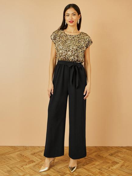 Yumi Sequin Cap Sleeve Round Neck Jumpsuit, Gold