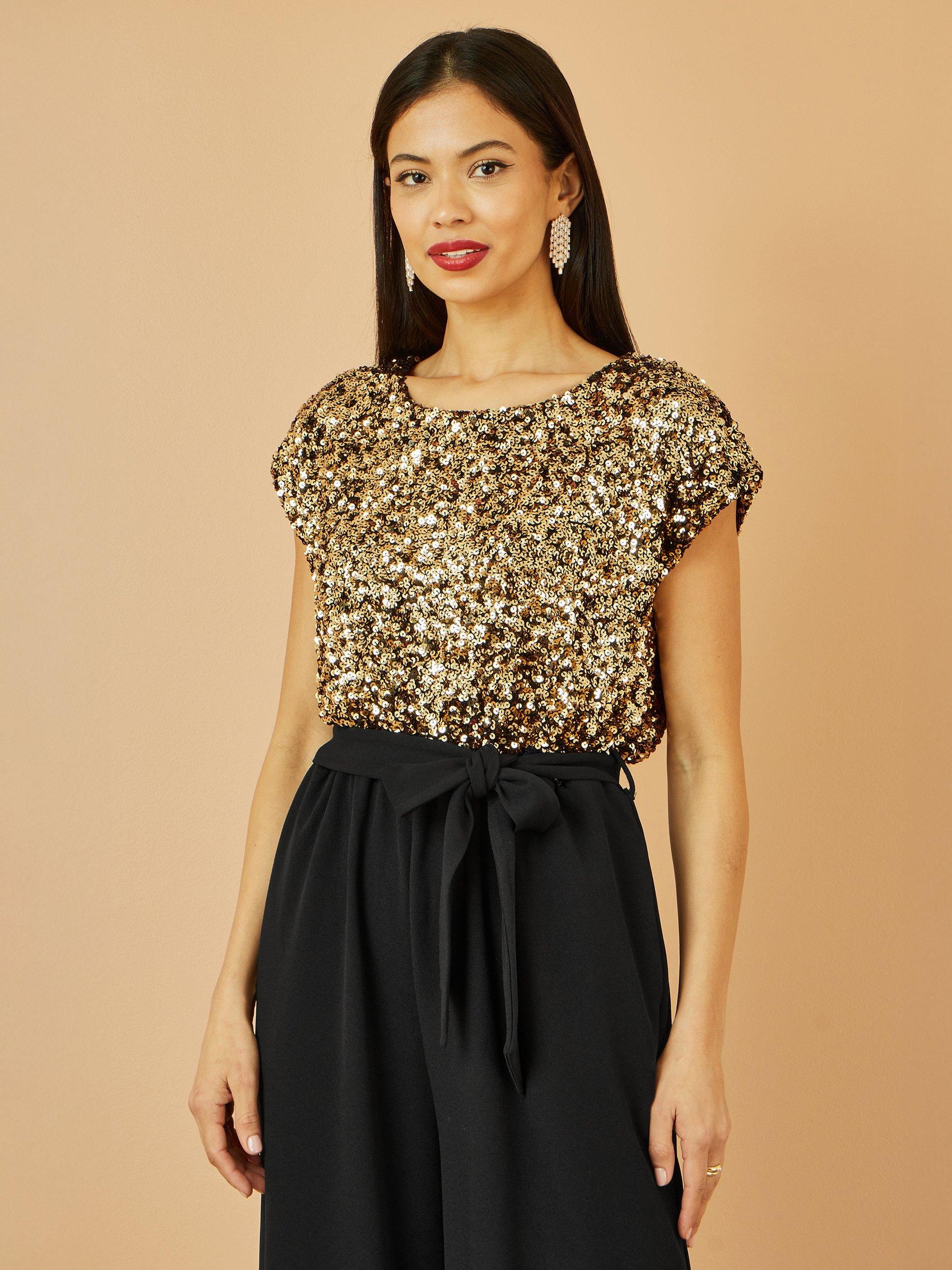 Product image 2 of 5, which shows Yumi Sequin Cap Sleeve Round Neck Jumpsuit, Gold, 8