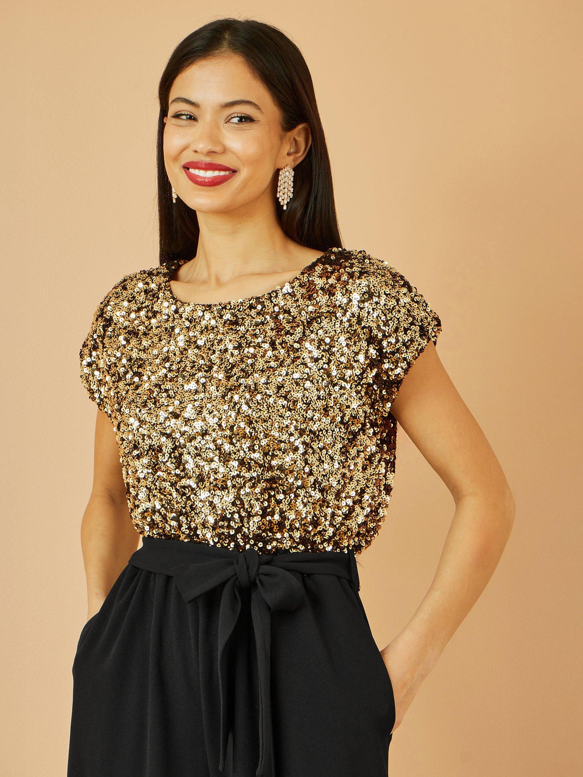 Product image 3 of 5, which shows Yumi Sequin Cap Sleeve Round Neck Jumpsuit, Gold, 8