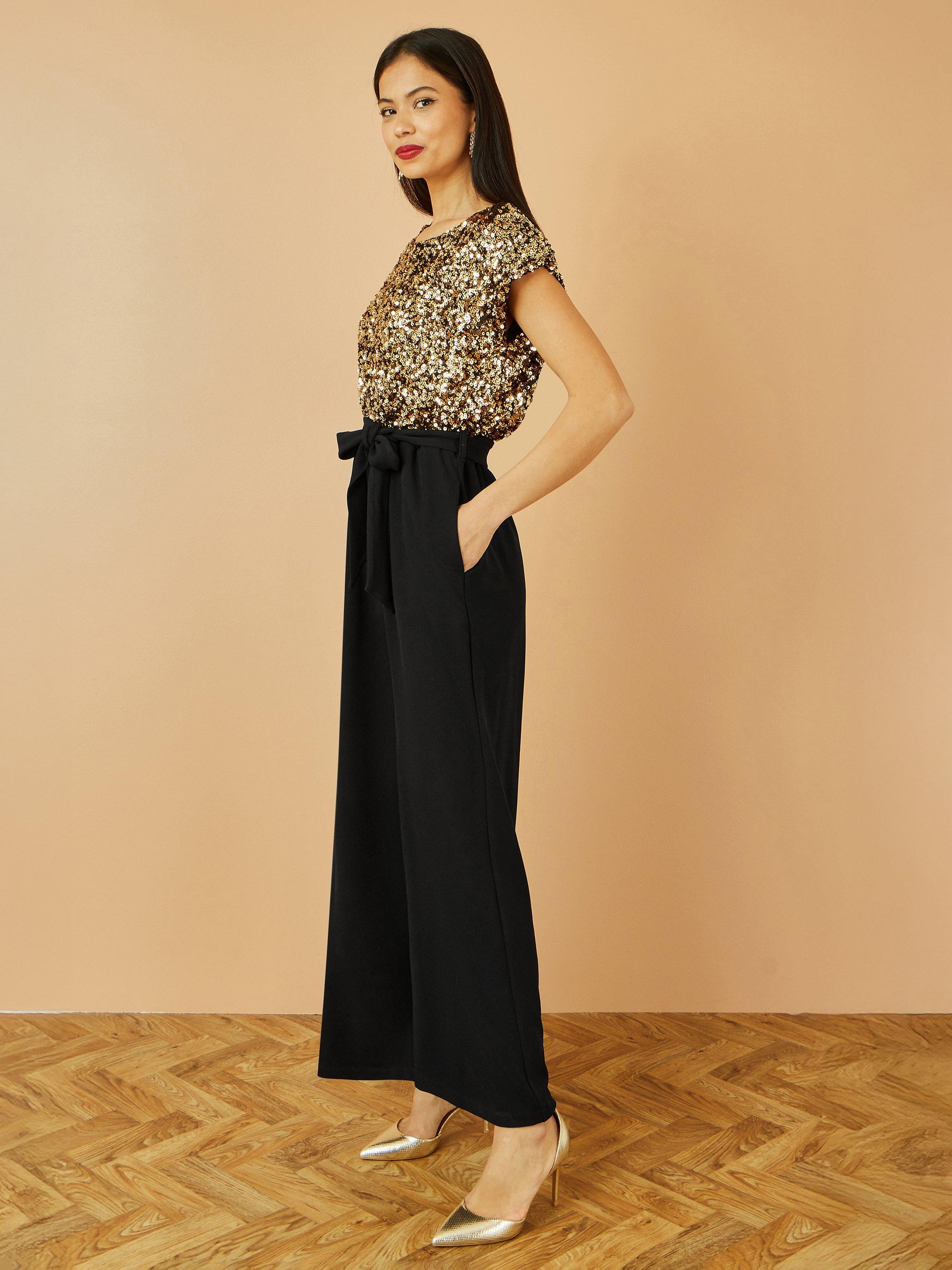 Product image 4 of 5, which shows Yumi Sequin Cap Sleeve Round Neck Jumpsuit, Gold, 8
