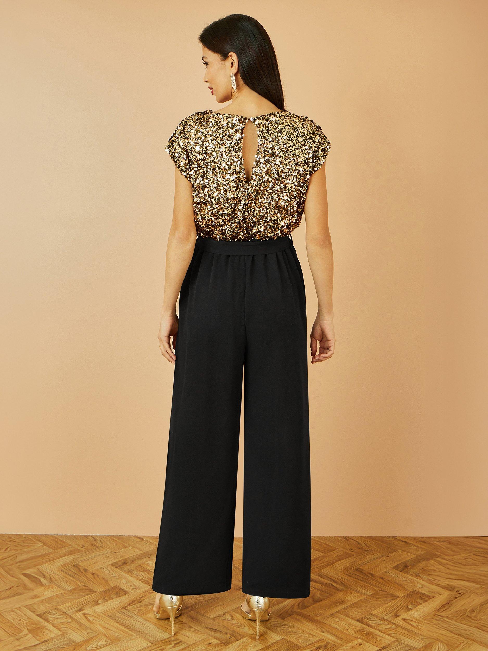 Product image 5 of 5, which shows Yumi Sequin Cap Sleeve Round Neck Jumpsuit, Gold, 8
