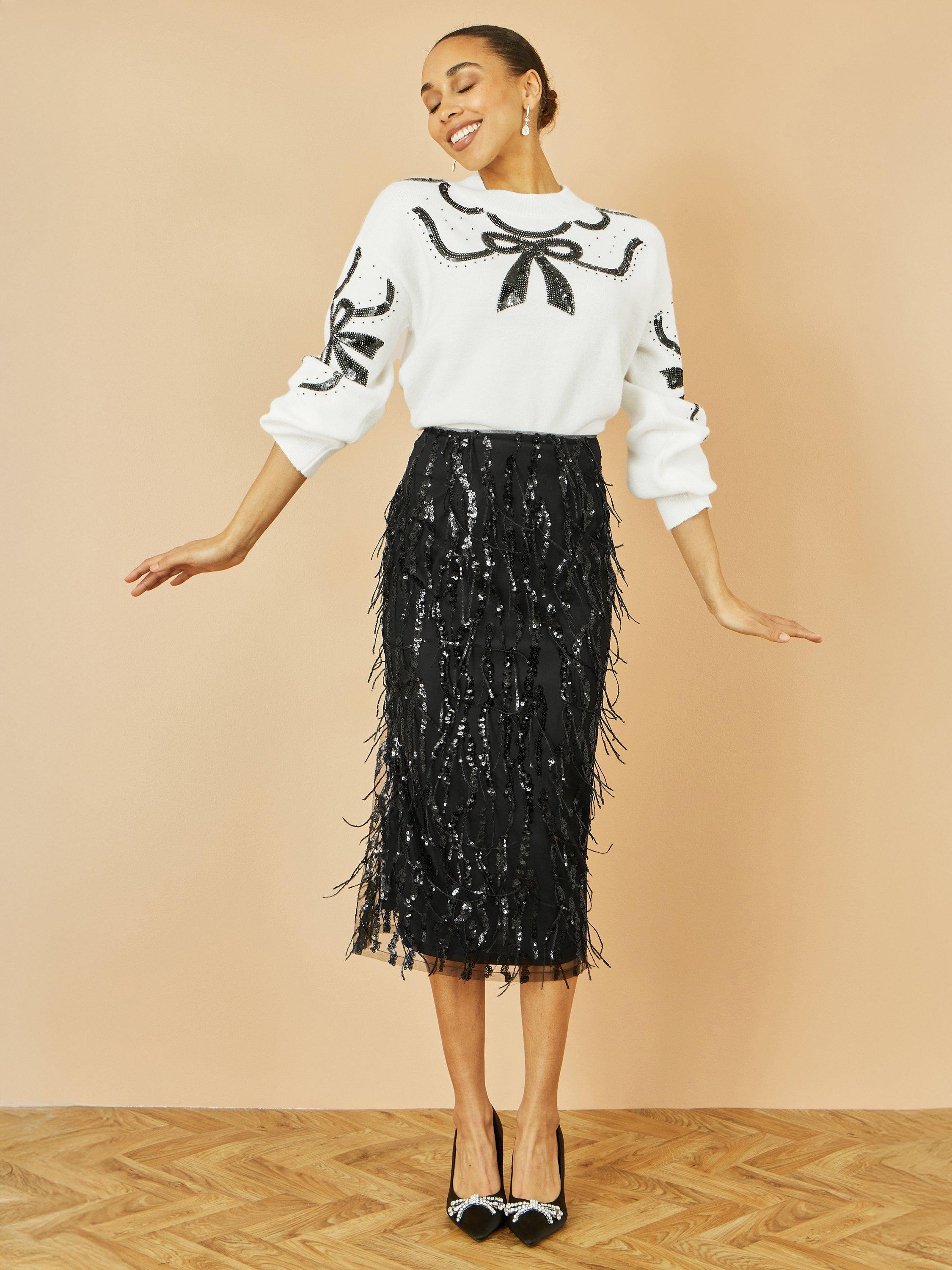 Product image 3 of 4, which shows Yumi Sequin Midi Skirt, Black, 8