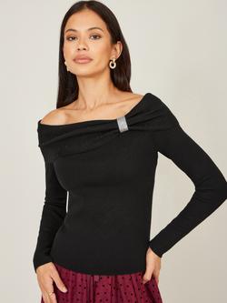 Yumi Rhinestone Diamante Bardot Neck Jumper, Black