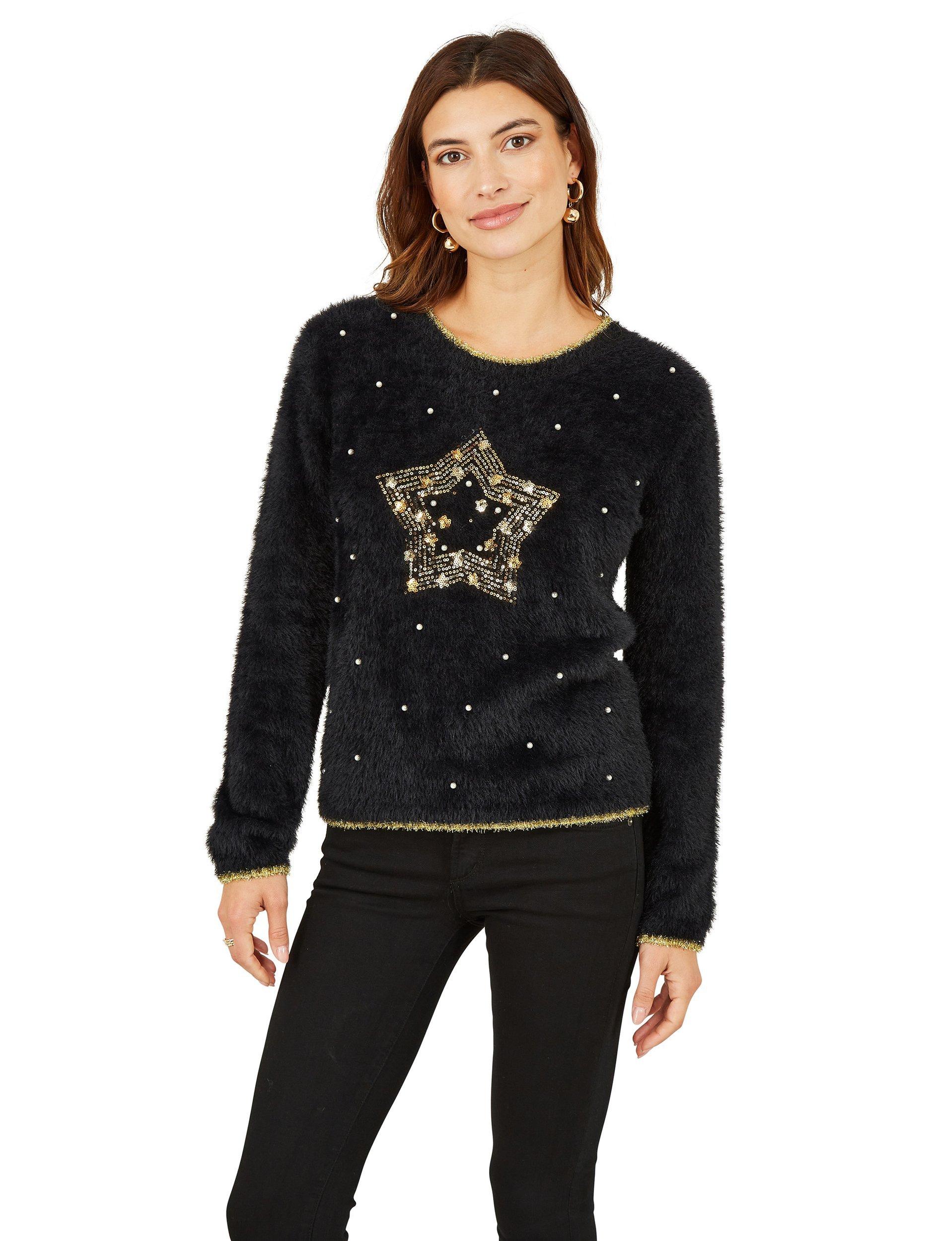Product image 1 of 4, which shows Yumi Fluffy Star Crew Neck Jumper, Black, S