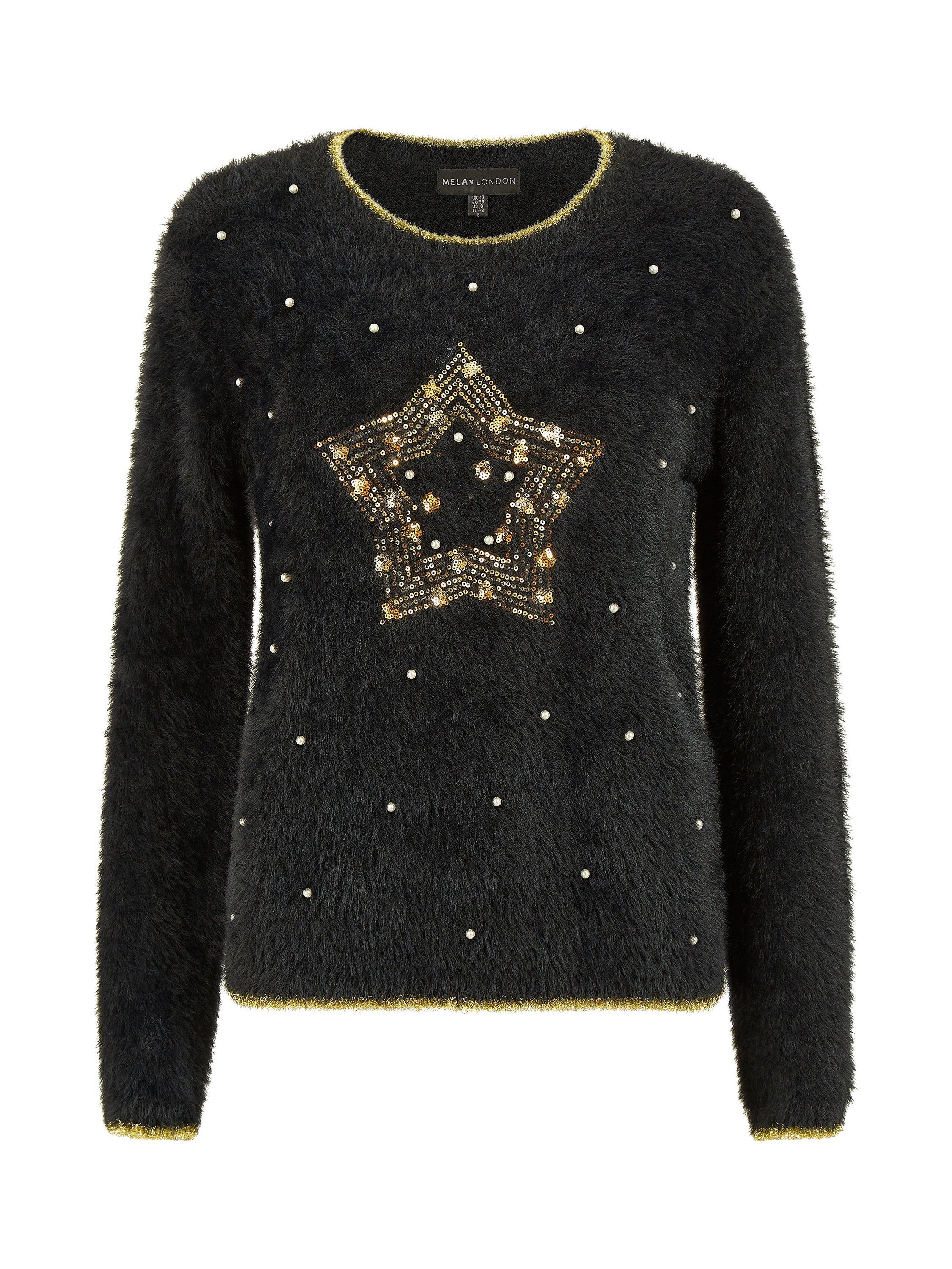 Product image 4 of 4, which shows Yumi Fluffy Star Crew Neck Jumper, Black, S