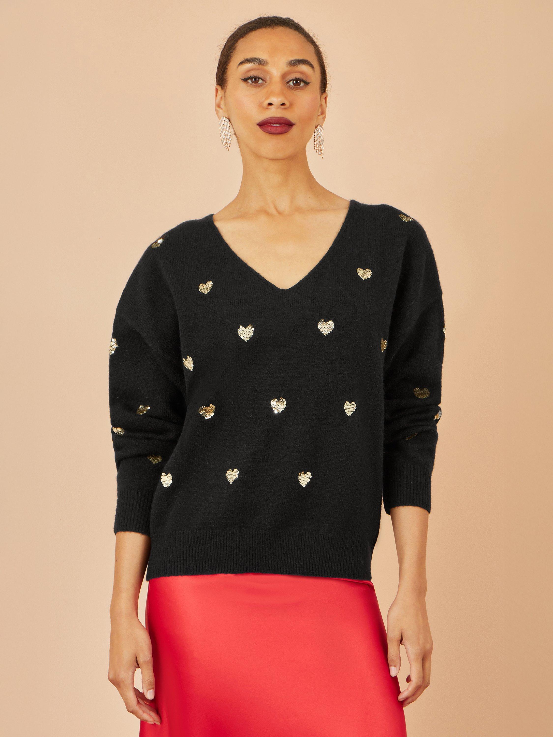 Product image 1 of 4, which shows Yumi Heart V Neck Jumper, Black, S-M
