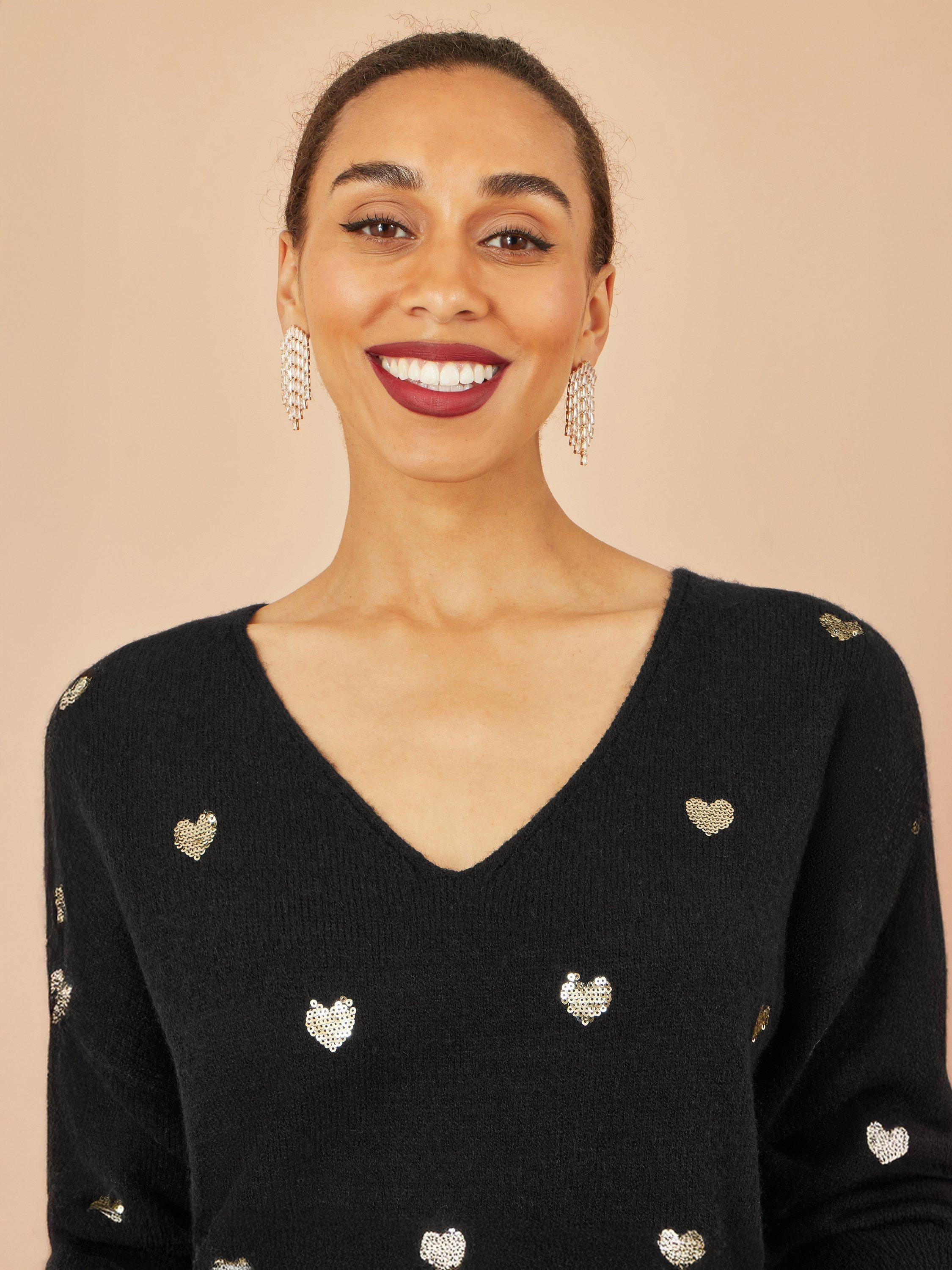 Product image 3 of 4, which shows Yumi Heart V Neck Jumper, Black, S-M