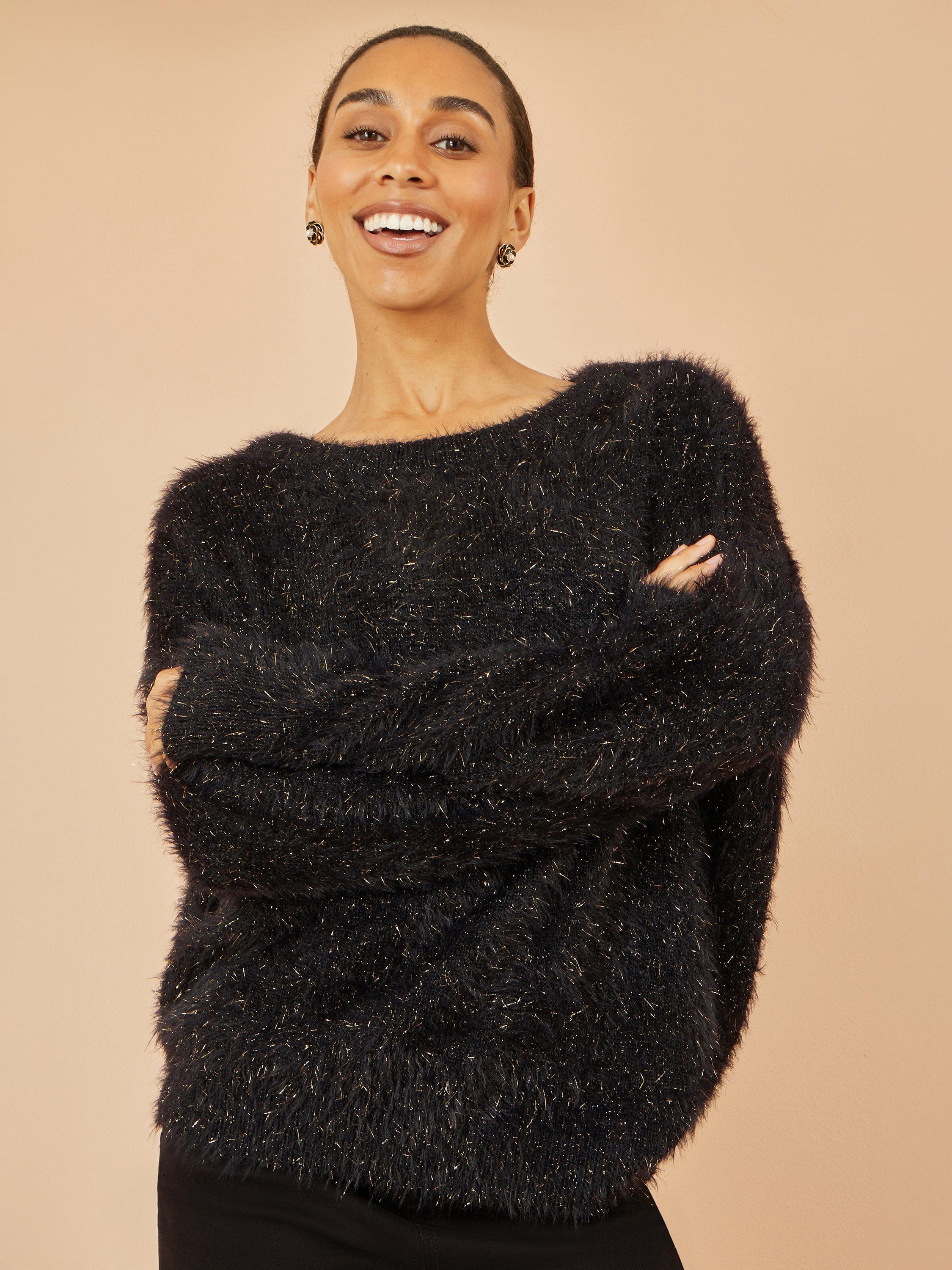 Product image 1 of 4, which shows Yumi Metallic Crew Neck Jumper, Black, S