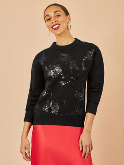 Yumi Floral Sequin Crew Neck Jumper, Black