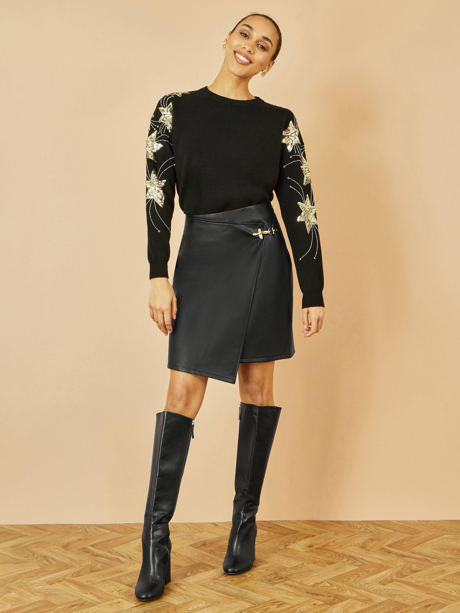 Product image 2 of 5, which shows Yumi Sequin Star Crew Neck Jumper, Black, S