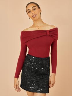 Yumi Rhinestone Diamante Bardot Neck Jumper, Burgundy