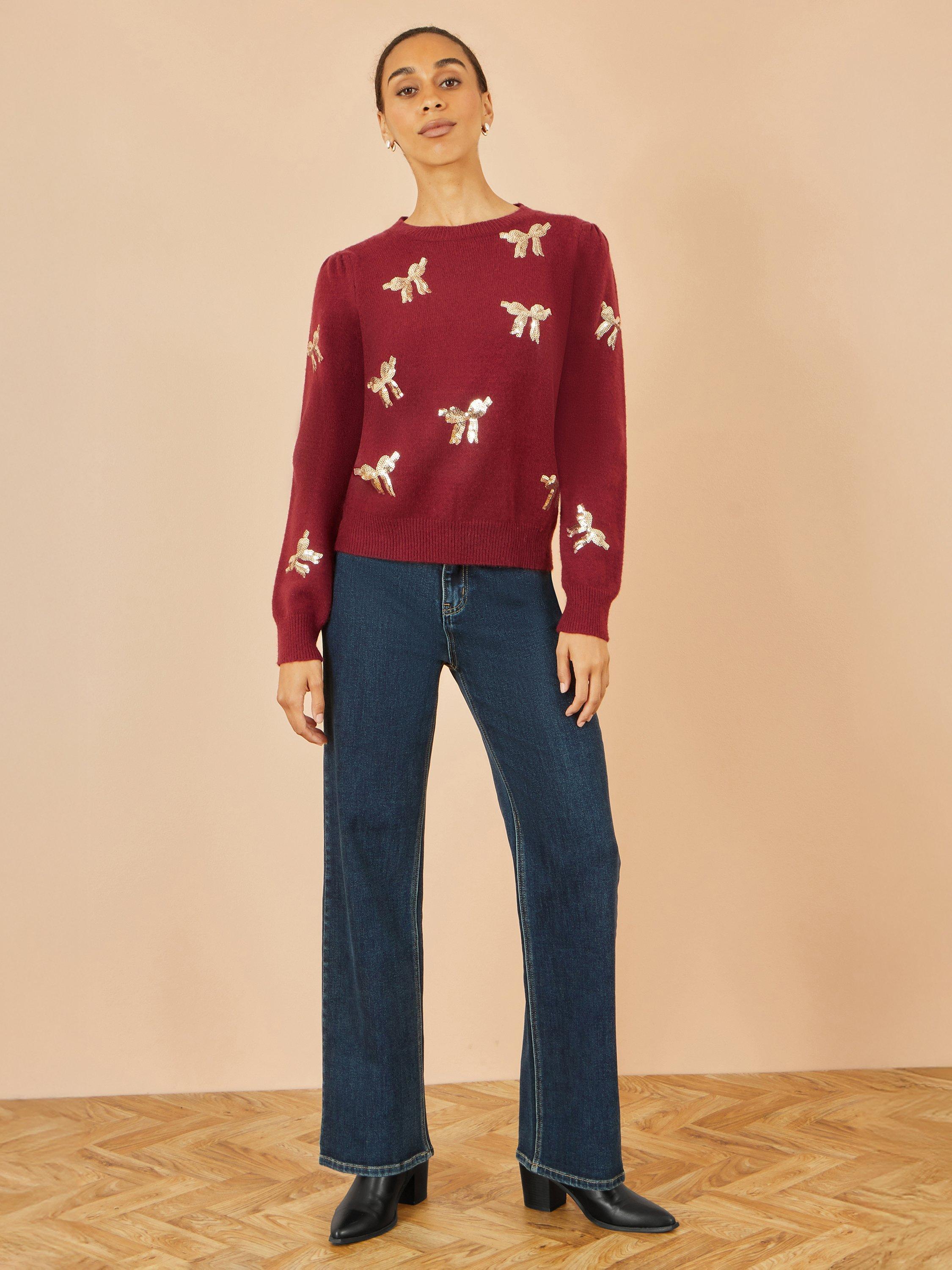 Product image 2 of 5, which shows Yumi Bow Crew Neck Jumper, Burgundy, S