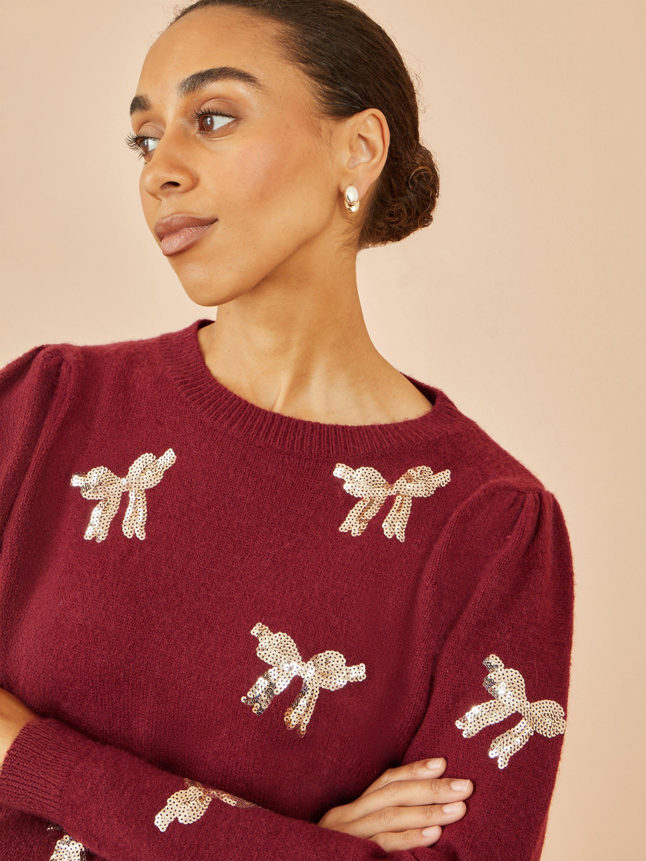 Product image 3 of 5, which shows Yumi Bow Crew Neck Jumper, Burgundy, S