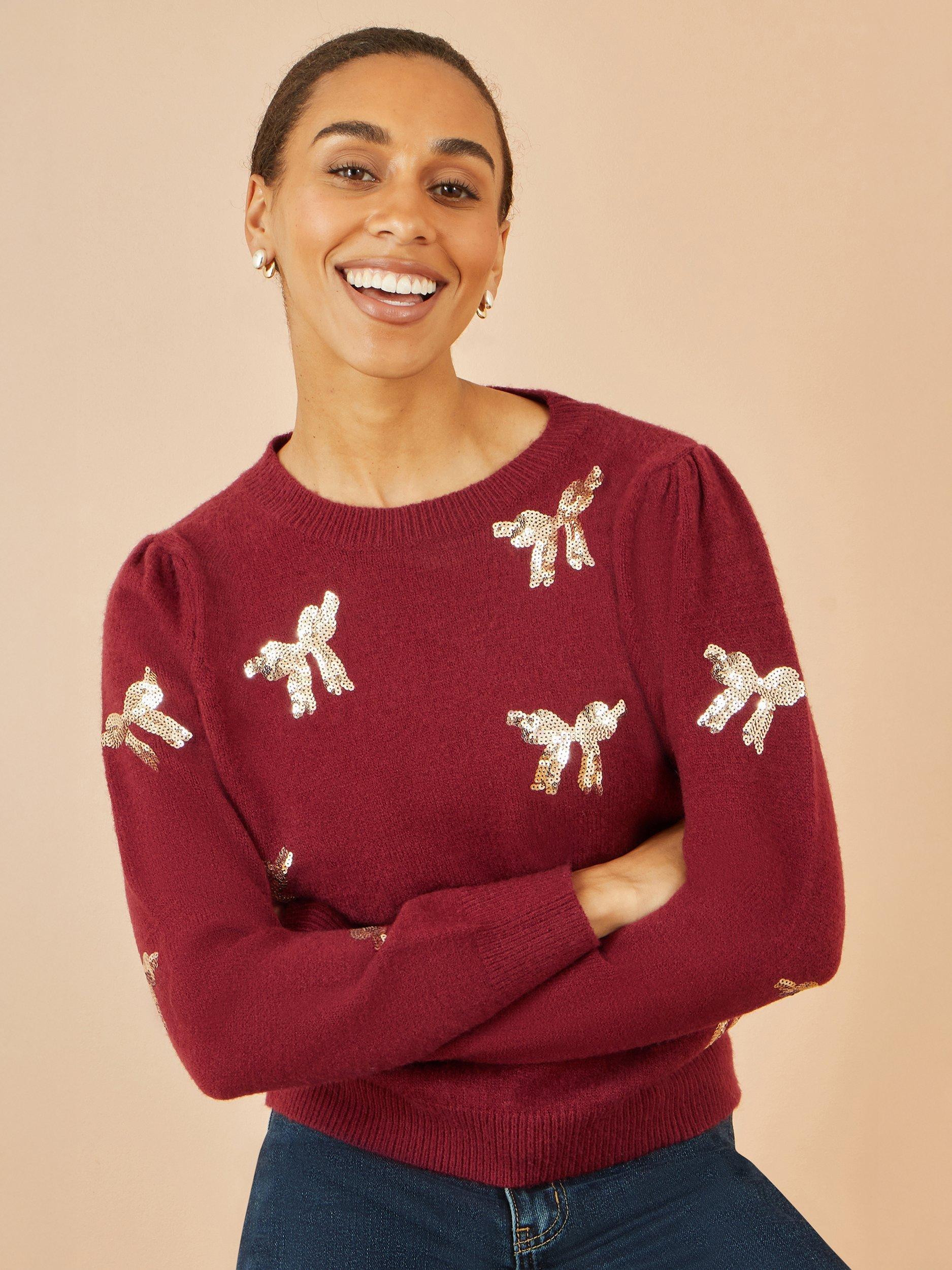 Product image 4 of 5, which shows Yumi Bow Crew Neck Jumper, Burgundy, S