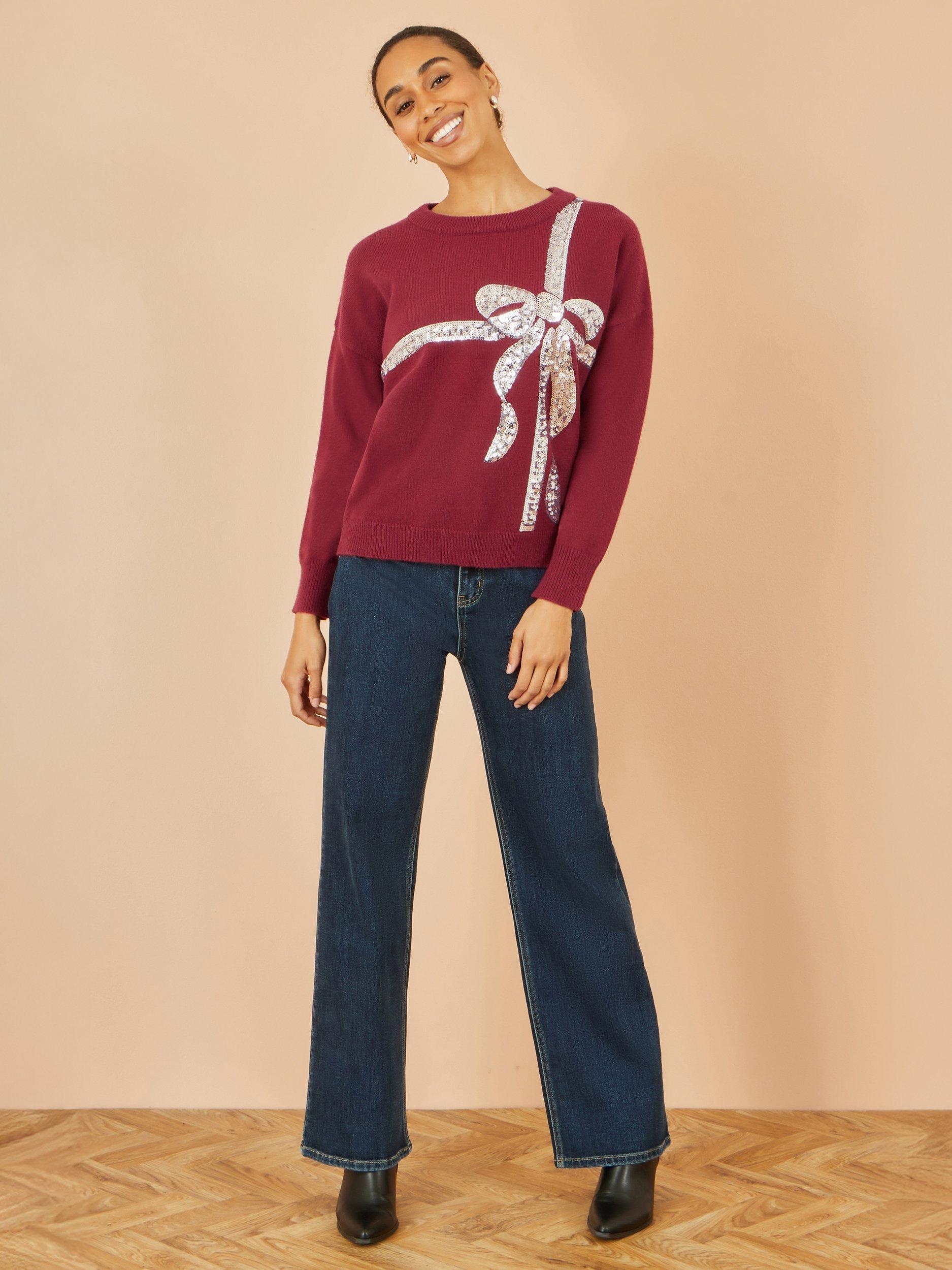 Product image 2 of 4, which shows Yumi Sequin Bow Crew Neck Knitted Jumper, Burgundy, S