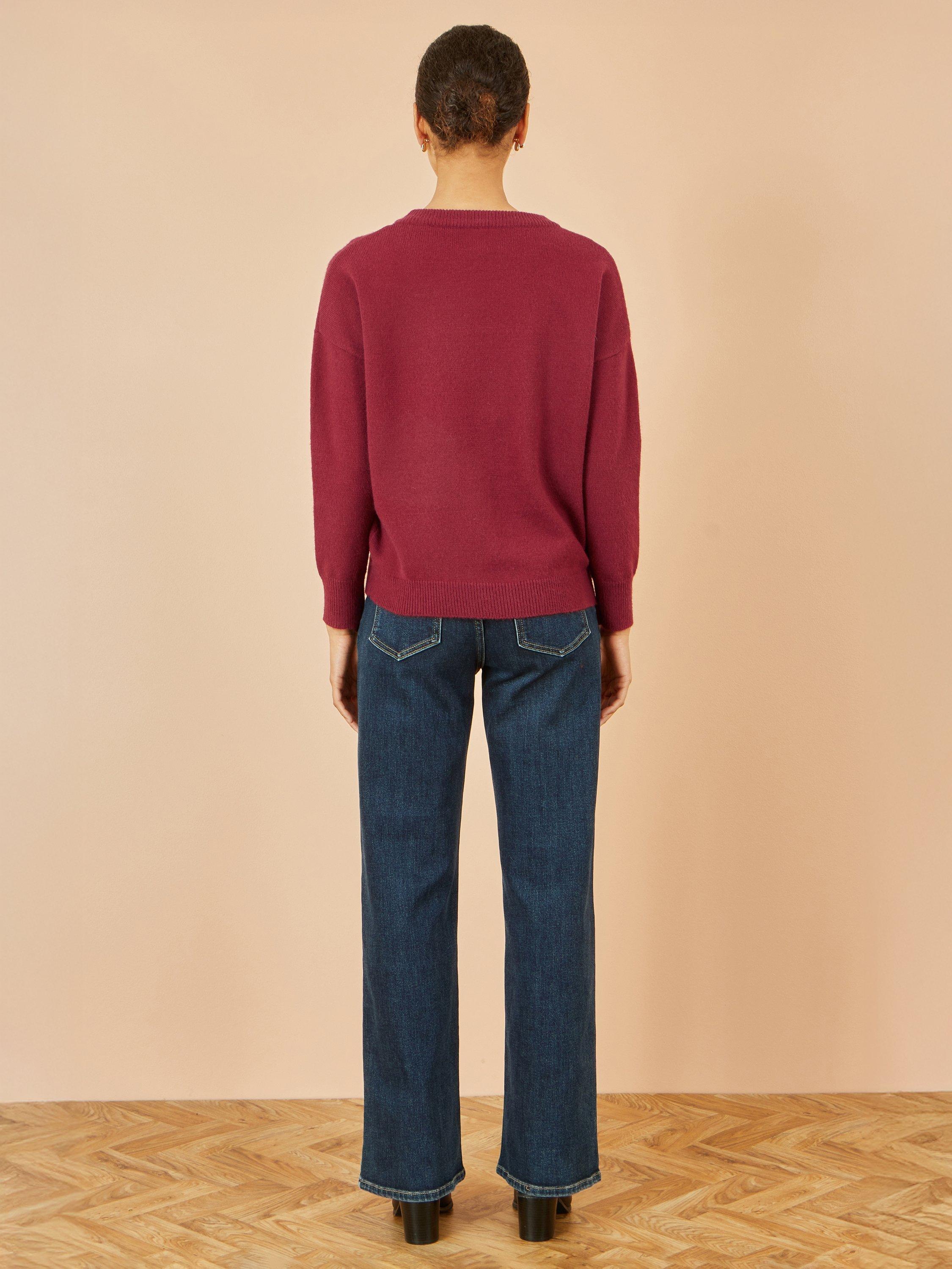 Product image 4 of 4, which shows Yumi Sequin Bow Crew Neck Knitted Jumper, Burgundy, S
