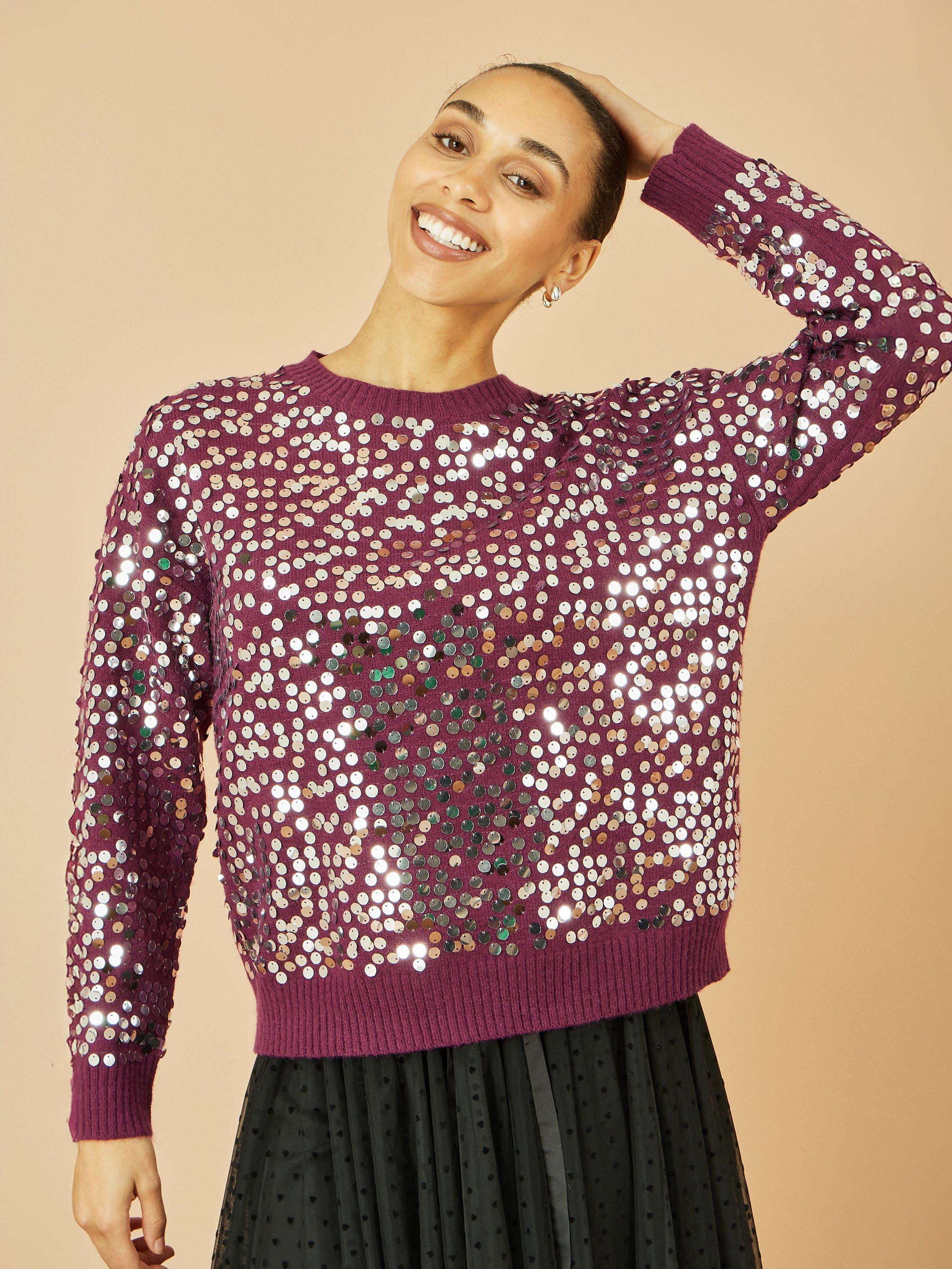 Product image 1 of 5, which shows Yumi Sequin Crew Neck Jumper, Burgundy, S-M