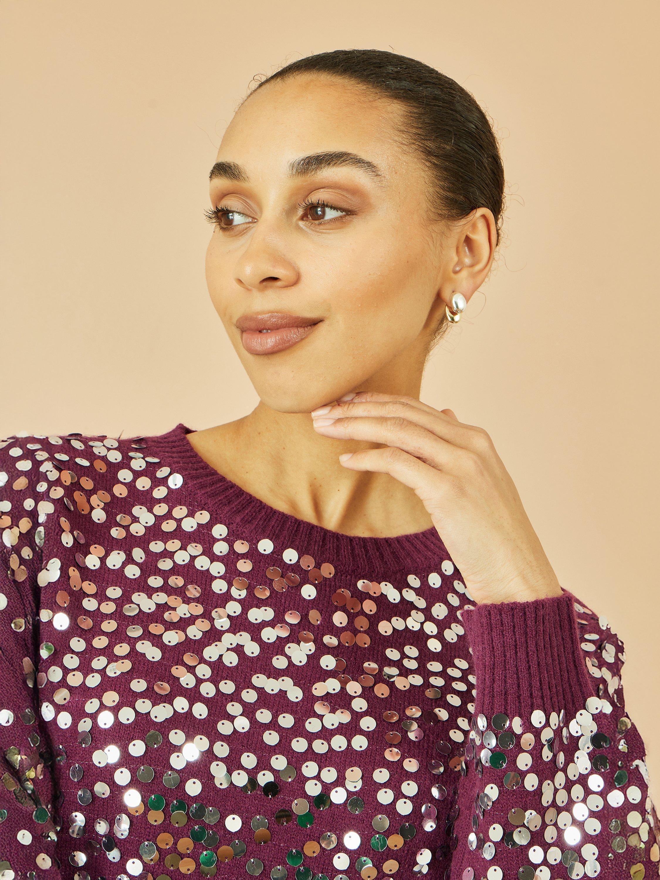 Product image 3 of 5, which shows Yumi Sequin Crew Neck Jumper, Burgundy, S-M