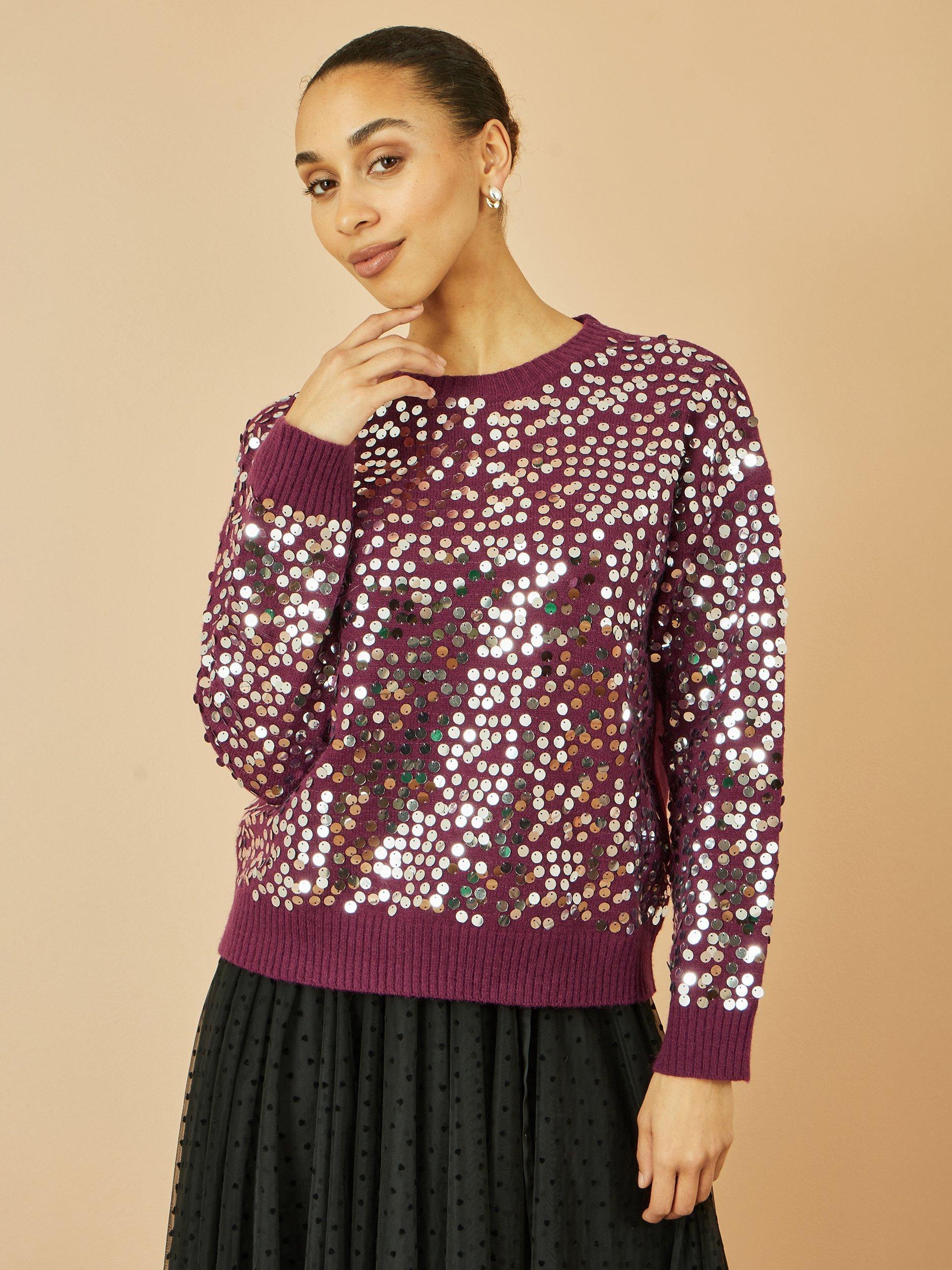 Product image 4 of 5, which shows Yumi Sequin Crew Neck Jumper, Burgundy, S-M