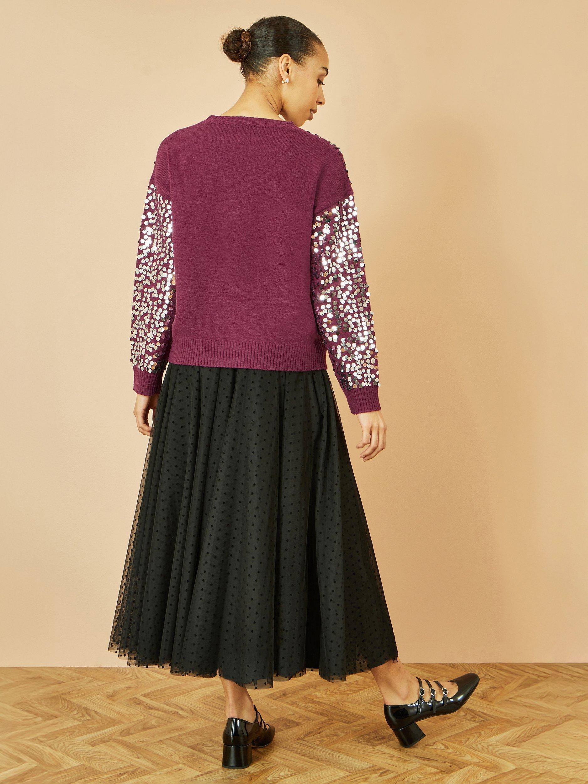 Product image 5 of 5, which shows Yumi Sequin Crew Neck Jumper, Burgundy, S-M