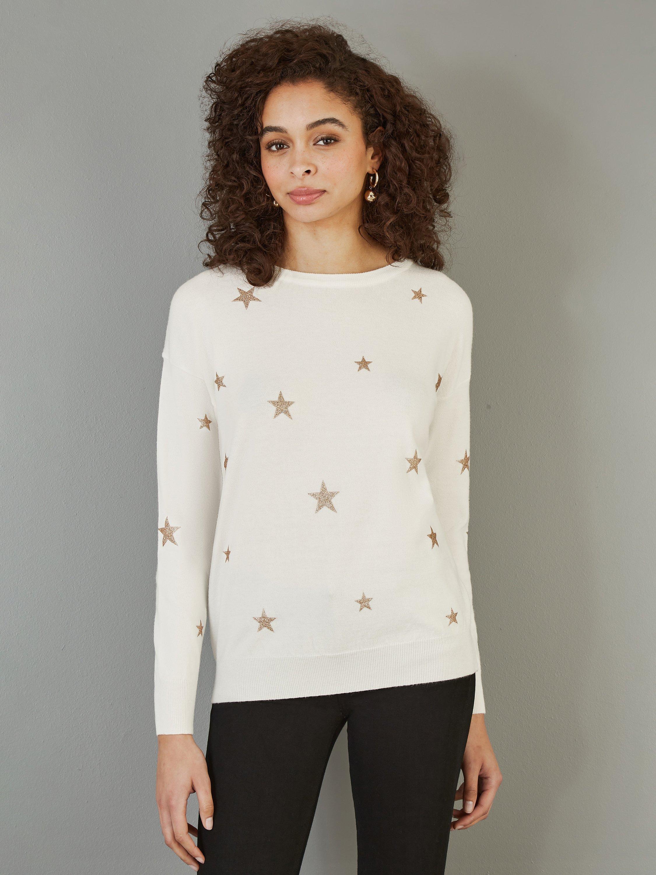 Product image 1 of 4, which shows Yumi Star Crew Neck Jumper, Ivory, S
