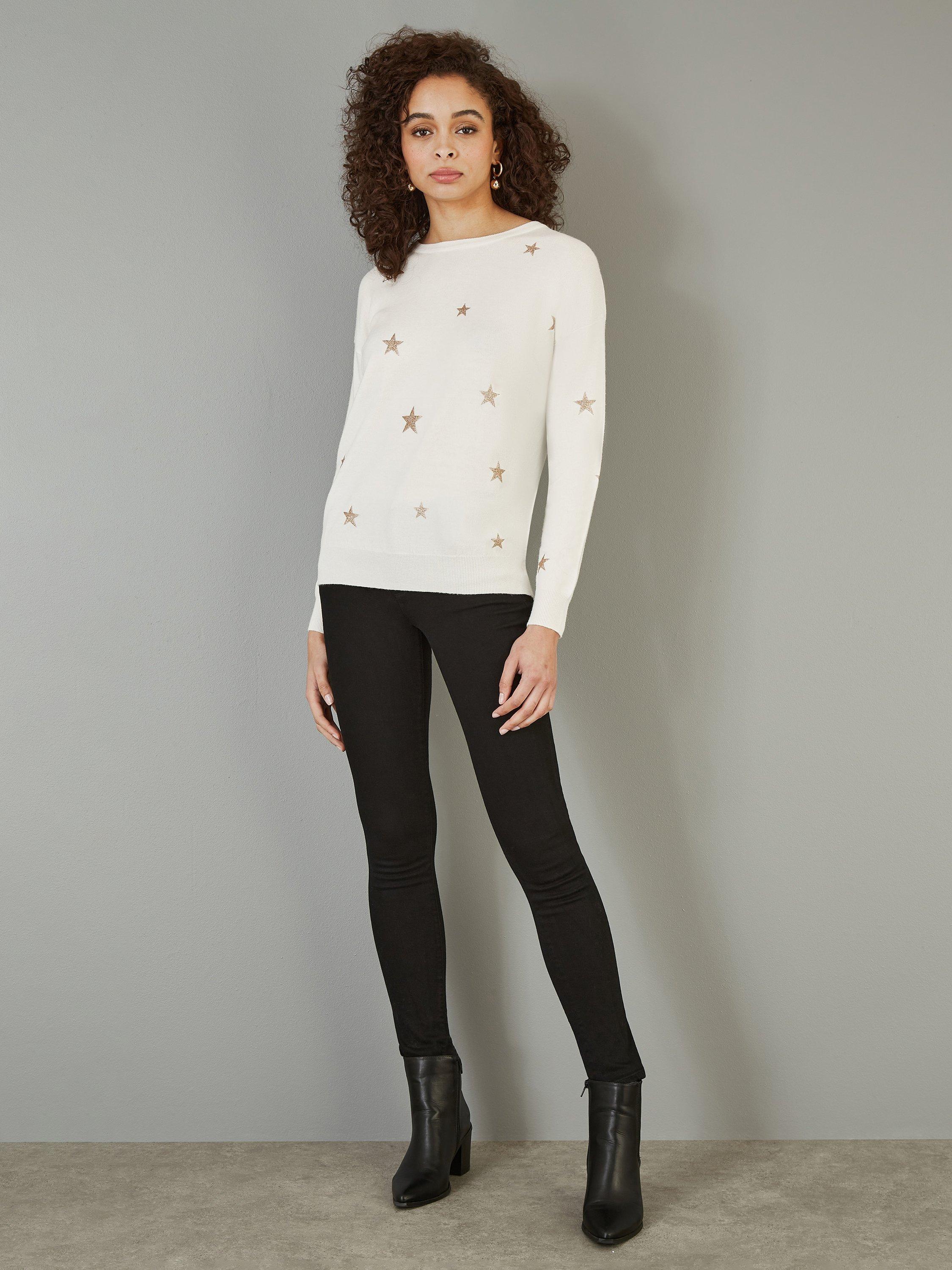 Product image 2 of 4, which shows Yumi Star Crew Neck Jumper, Ivory, S
