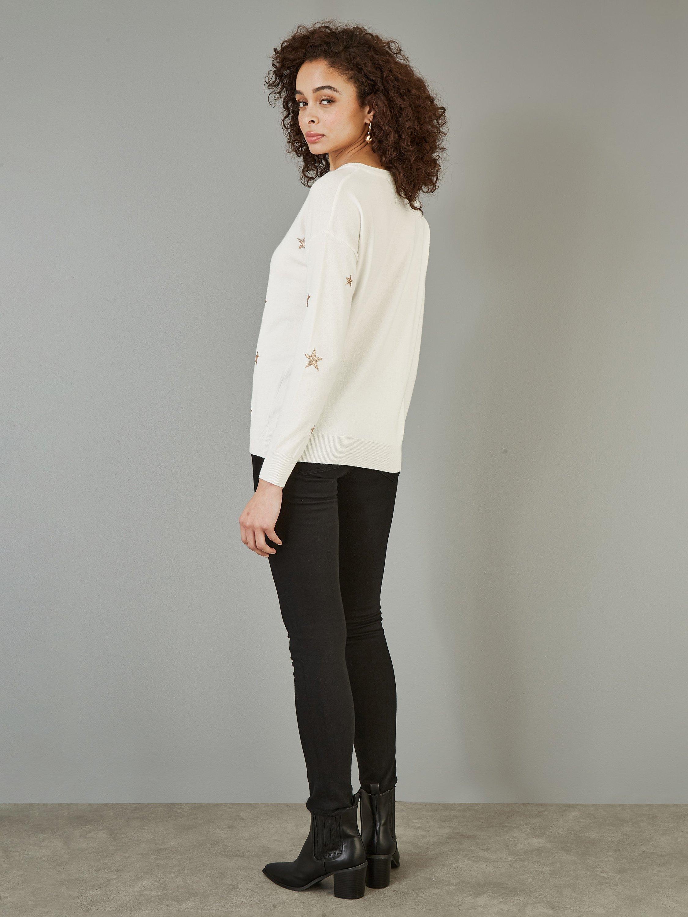 Product image 3 of 4, which shows Yumi Star Crew Neck Jumper, Ivory, S