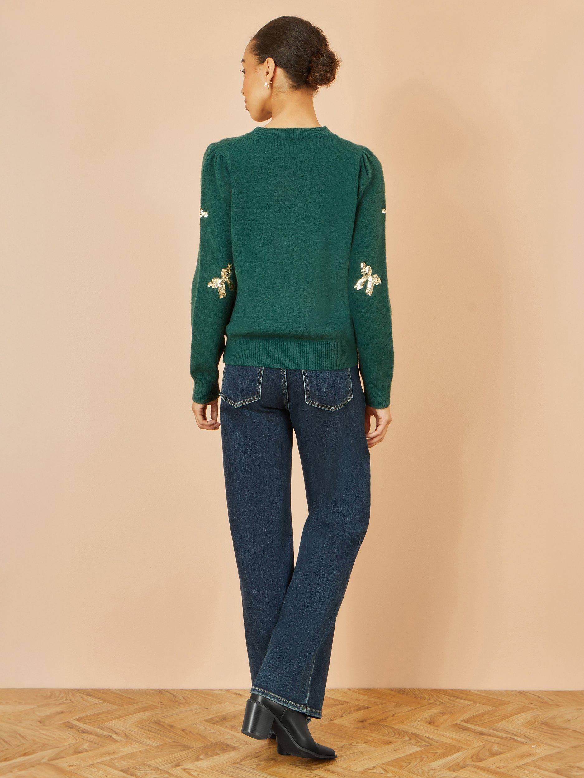 Product image 4 of 4, which shows Yumi Bow Crew Neck Jumper, Green, S