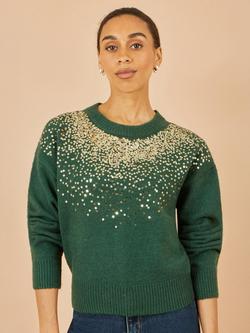 Yumi Crew Neck Sequin Jumper, Green, Green