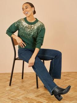 Yumi Crew Neck Sequin Jumper, Green - view 2, Green