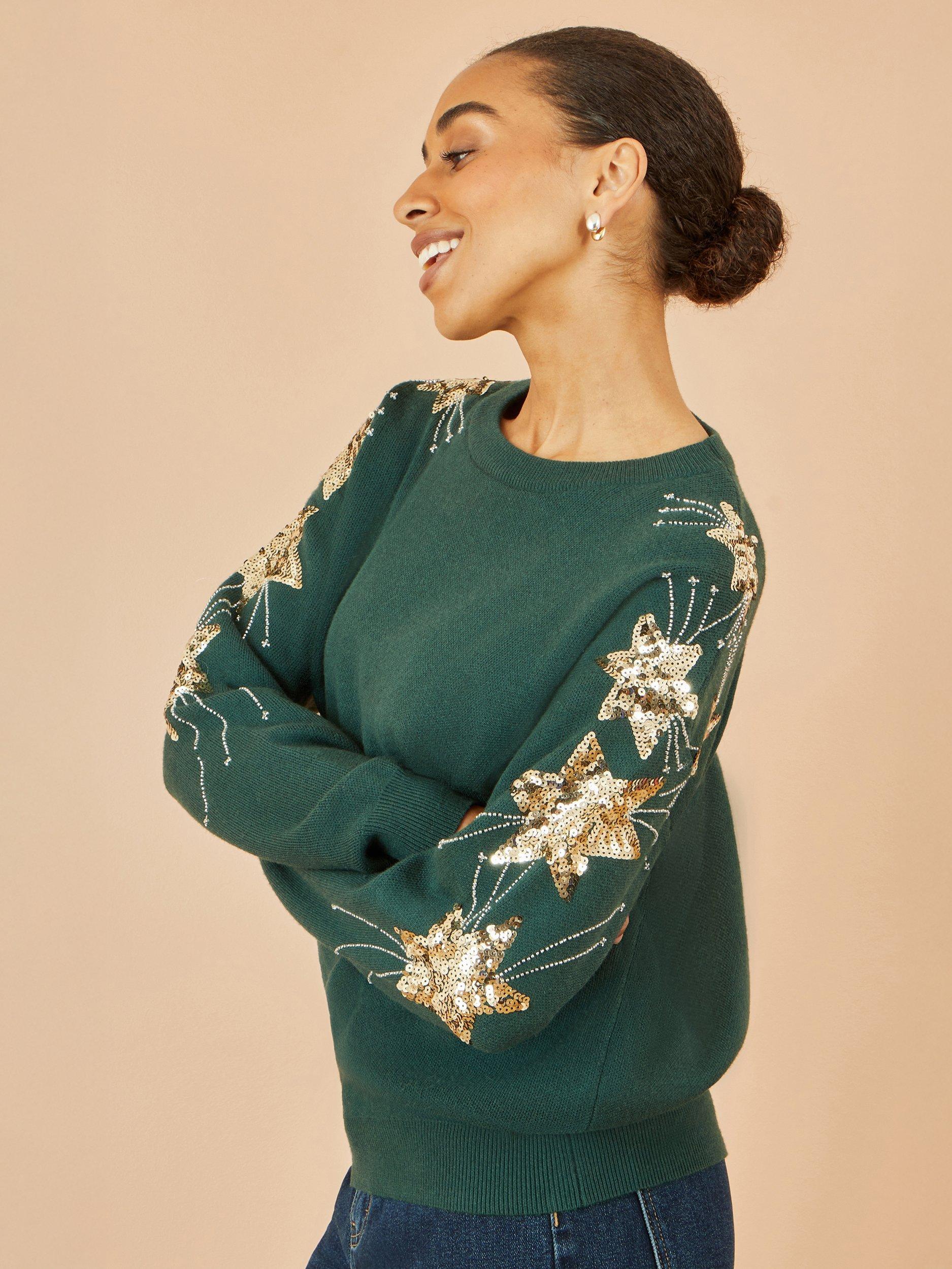 Product image 1 of 5, which shows Yumi Sequin Star Crew Neck Jumper, Green, S