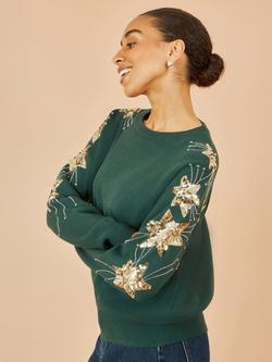 Yumi Sequin Star Crew Neck Jumper, Green