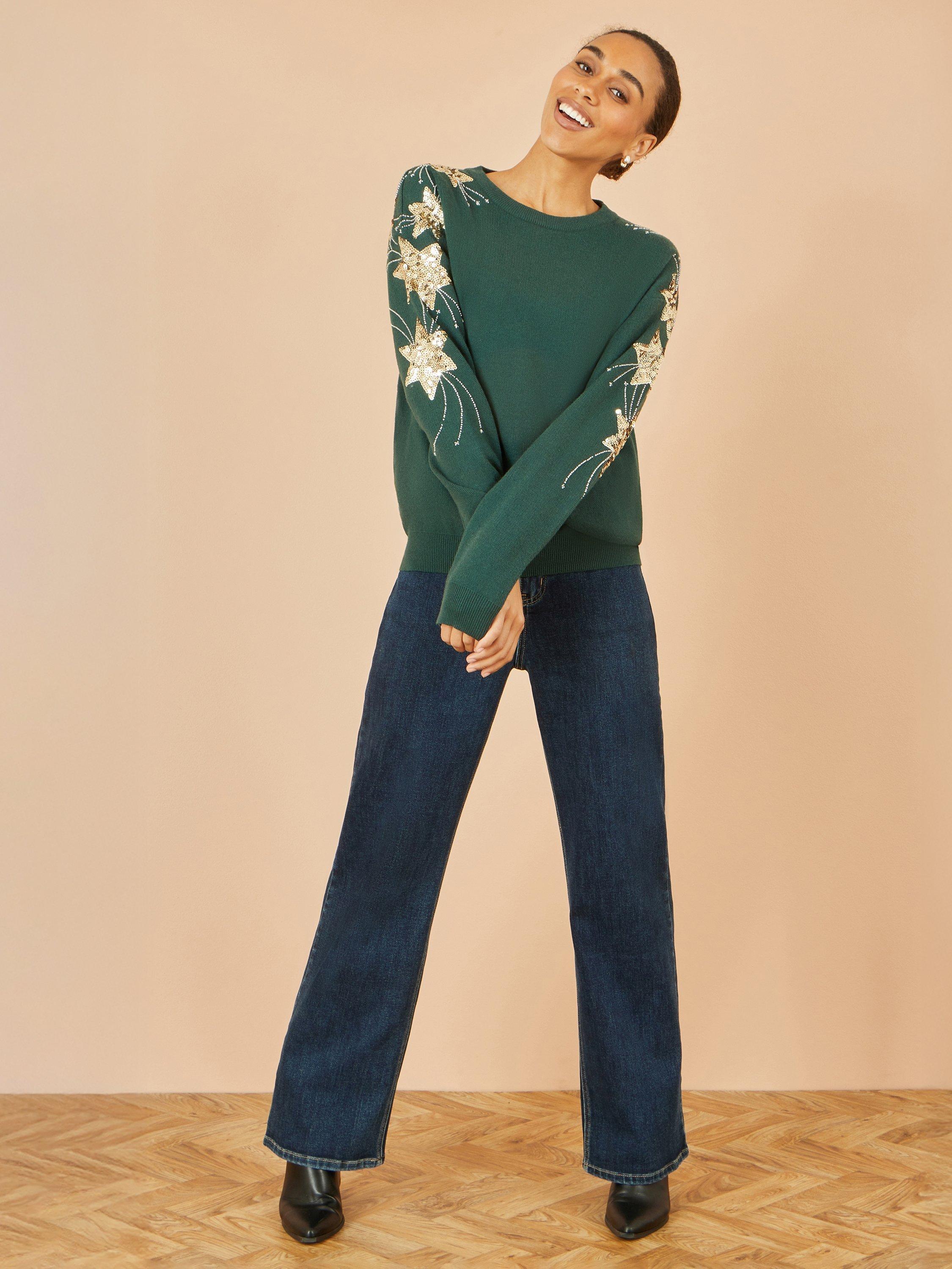 Product image 2 of 5, which shows Yumi Sequin Star Crew Neck Jumper, Green, S
