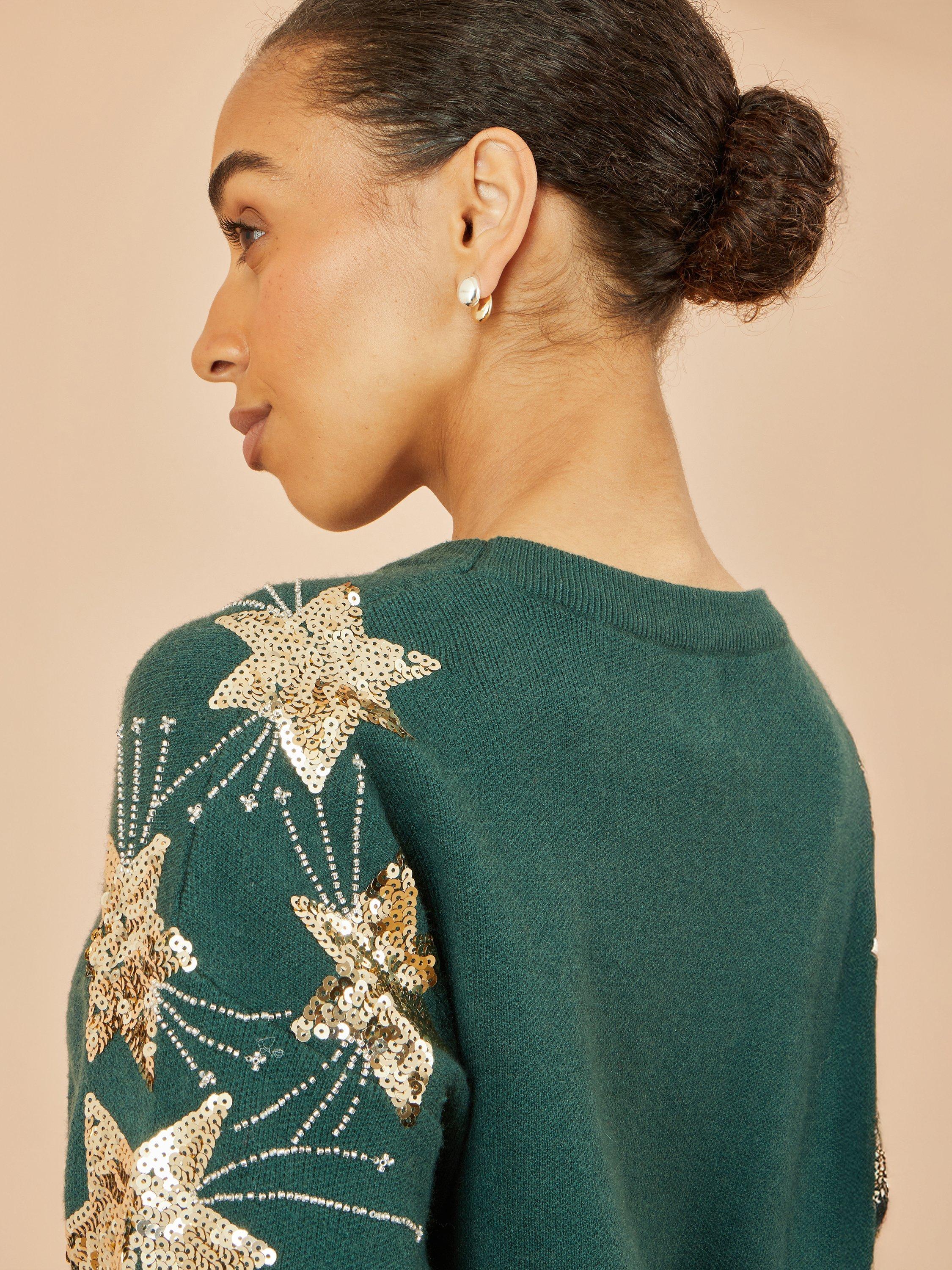 Product image 3 of 5, which shows Yumi Sequin Star Crew Neck Jumper, Green, S