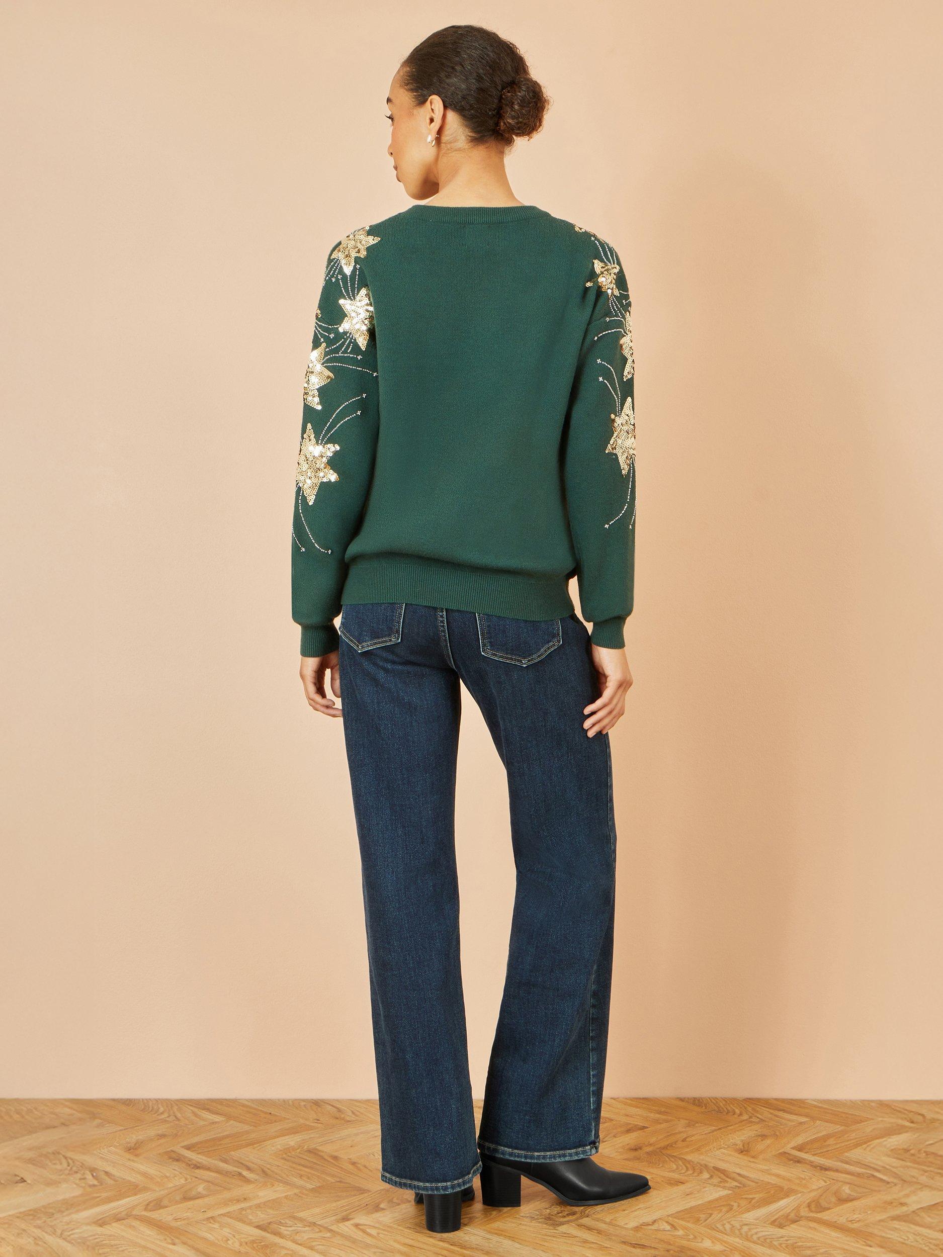 Product image 4 of 5, which shows Yumi Sequin Star Crew Neck Jumper, Green, S